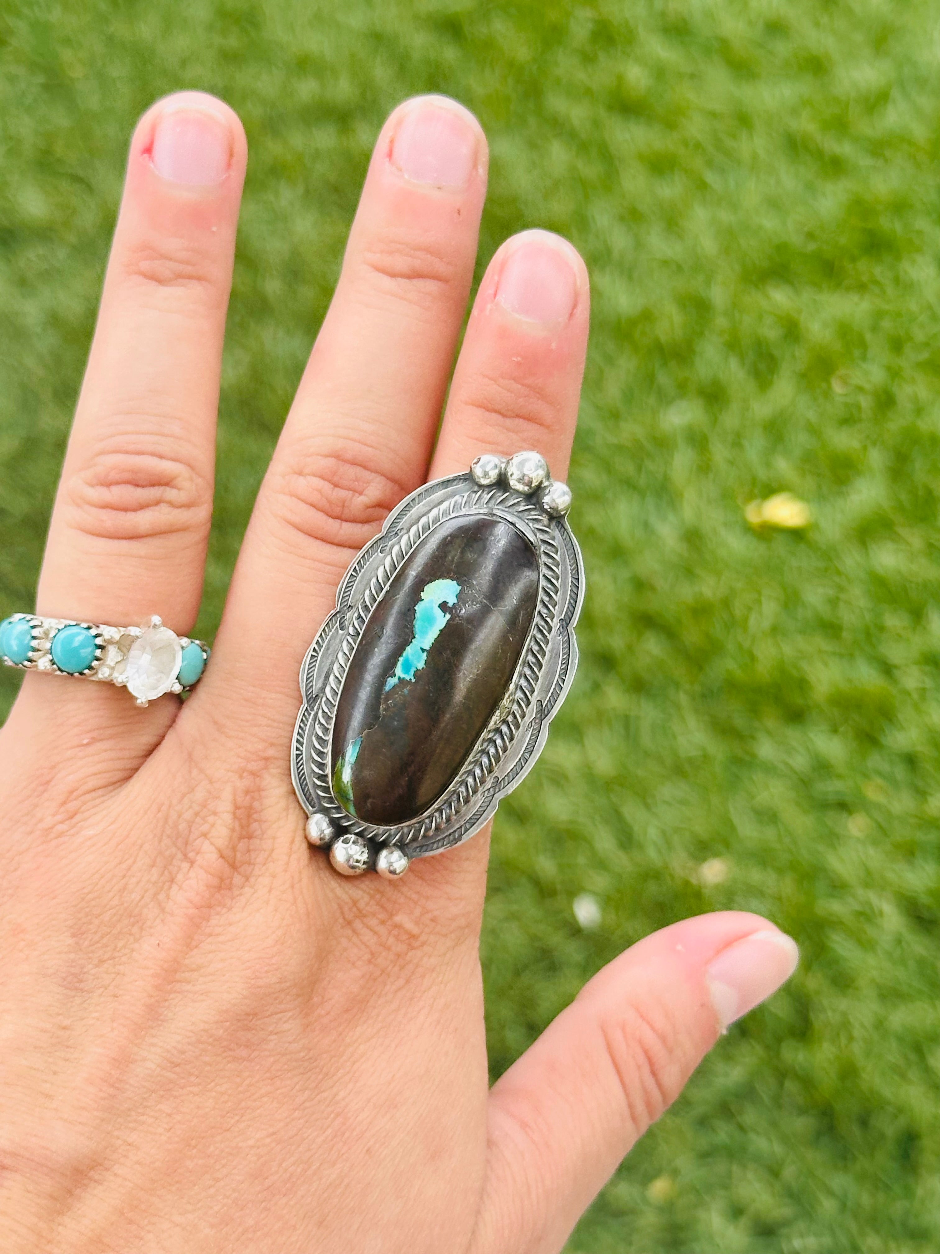 Navajo Made Black Jack Turquoise & Sterling Silver Adjustable Ring