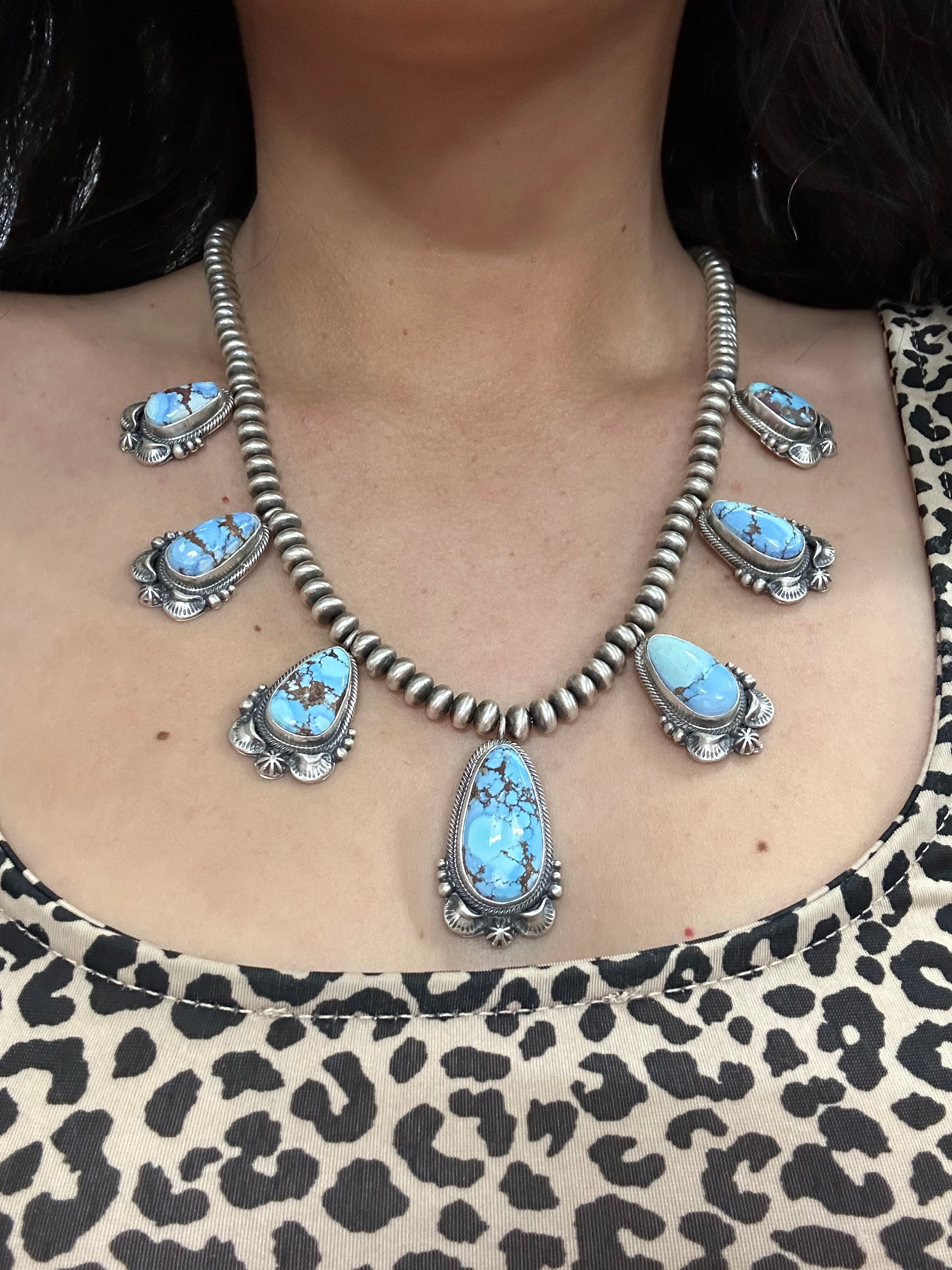 Navajo Made Golden Hills Turquoise & Sterling Silver Necklace Set