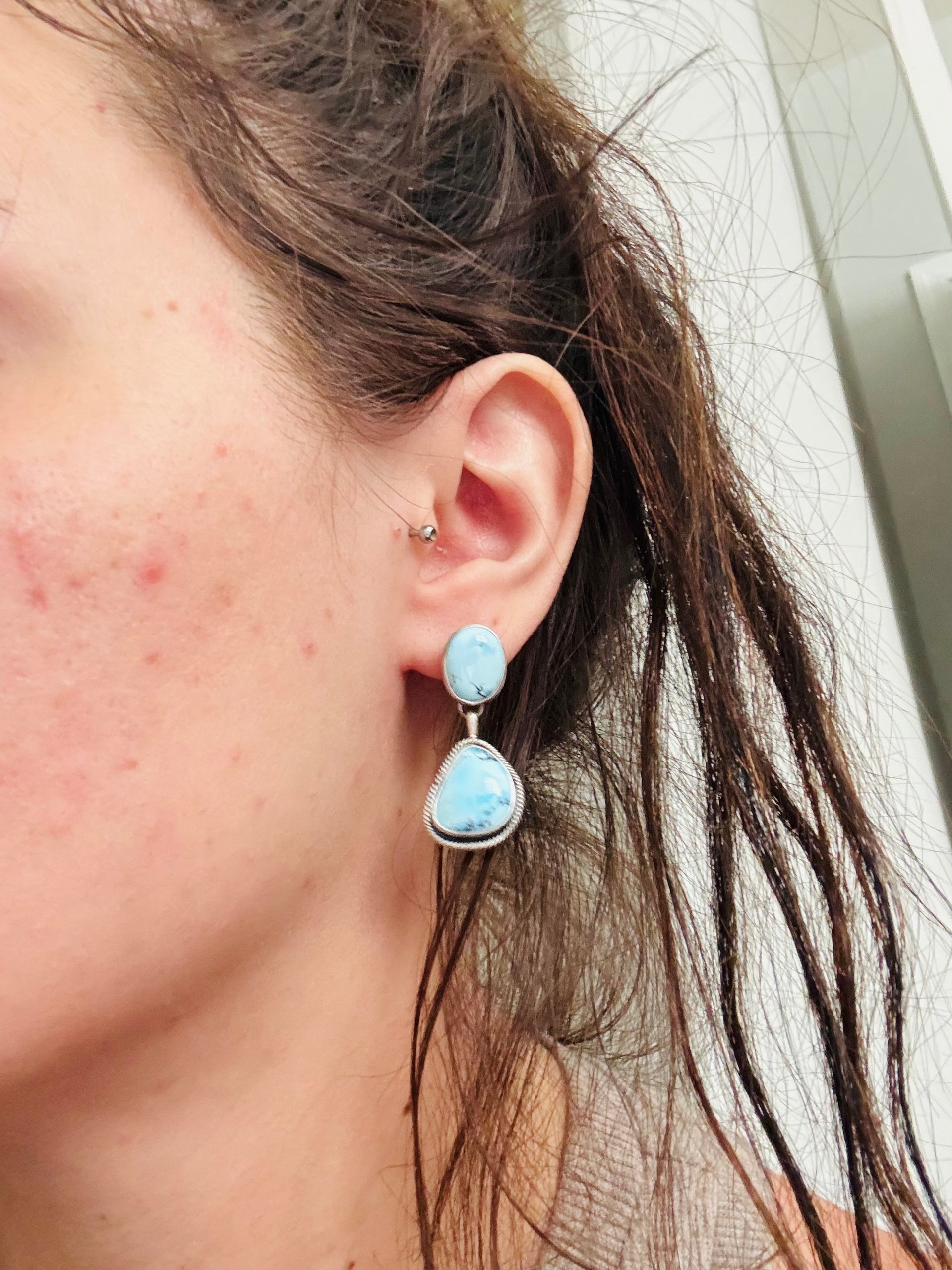 Rena Shelly Golden Hills Turquoise & Sterling Silver Post Dangle Earrings