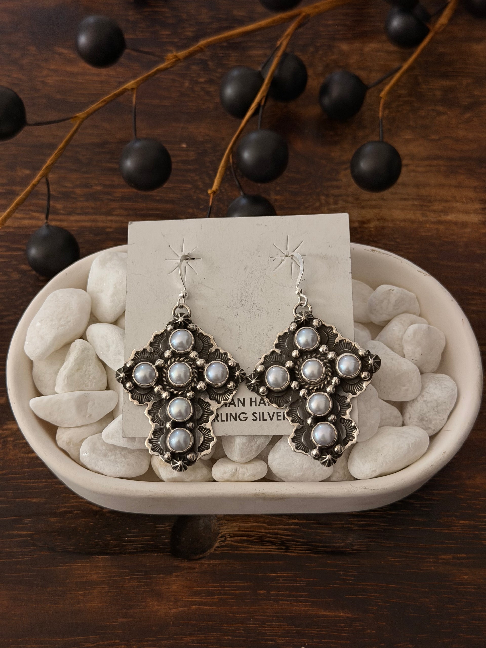 Navajo Made Fresh Water Pearls & Sterling Silver Pearls Dangle Earrings