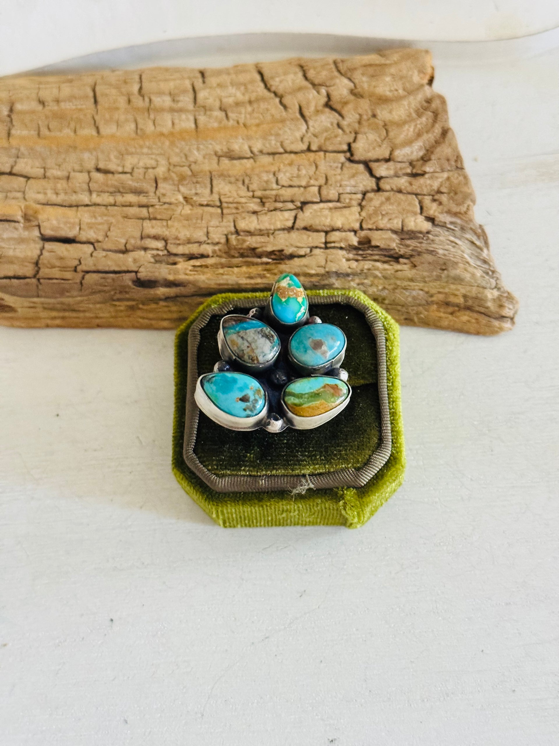 Navajo Made Multi Turquoise & Sterling Silver Adjustable Cluster Ring