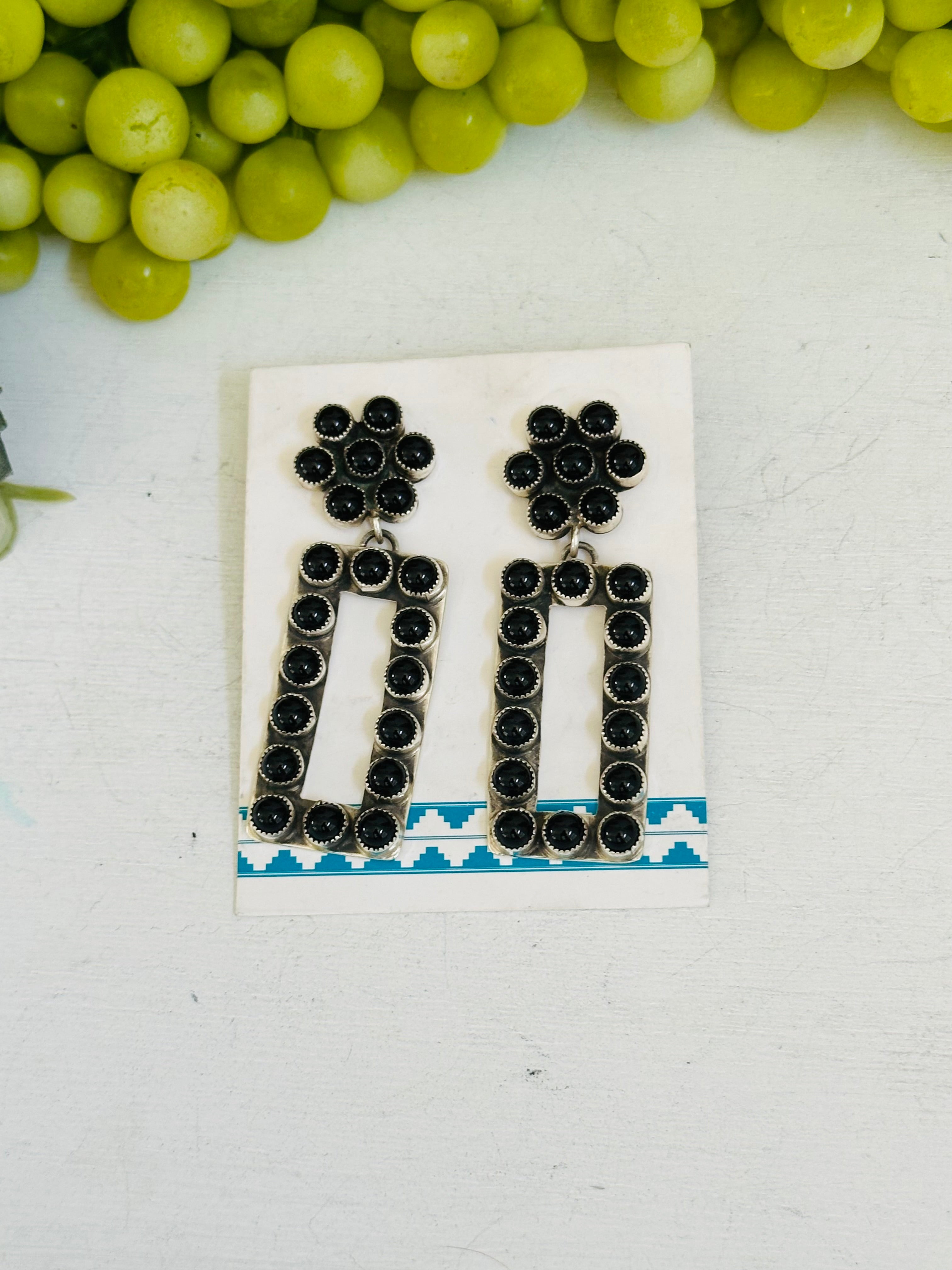 Navajo Made Onyx & Sterling Silver Post Dangle Earrings