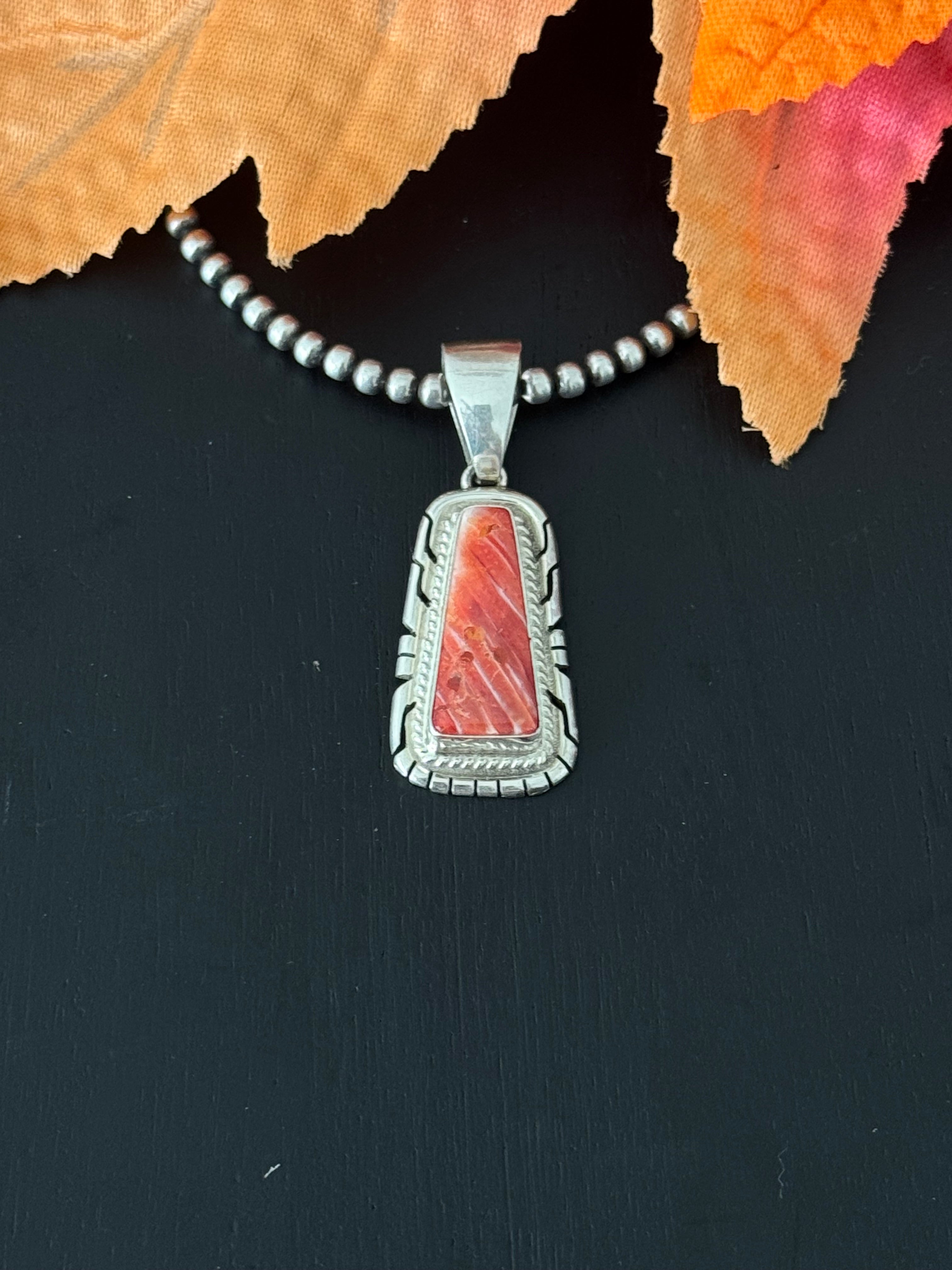 Navajo Made Red Spiny Oyster & Sterling Silver Pendant