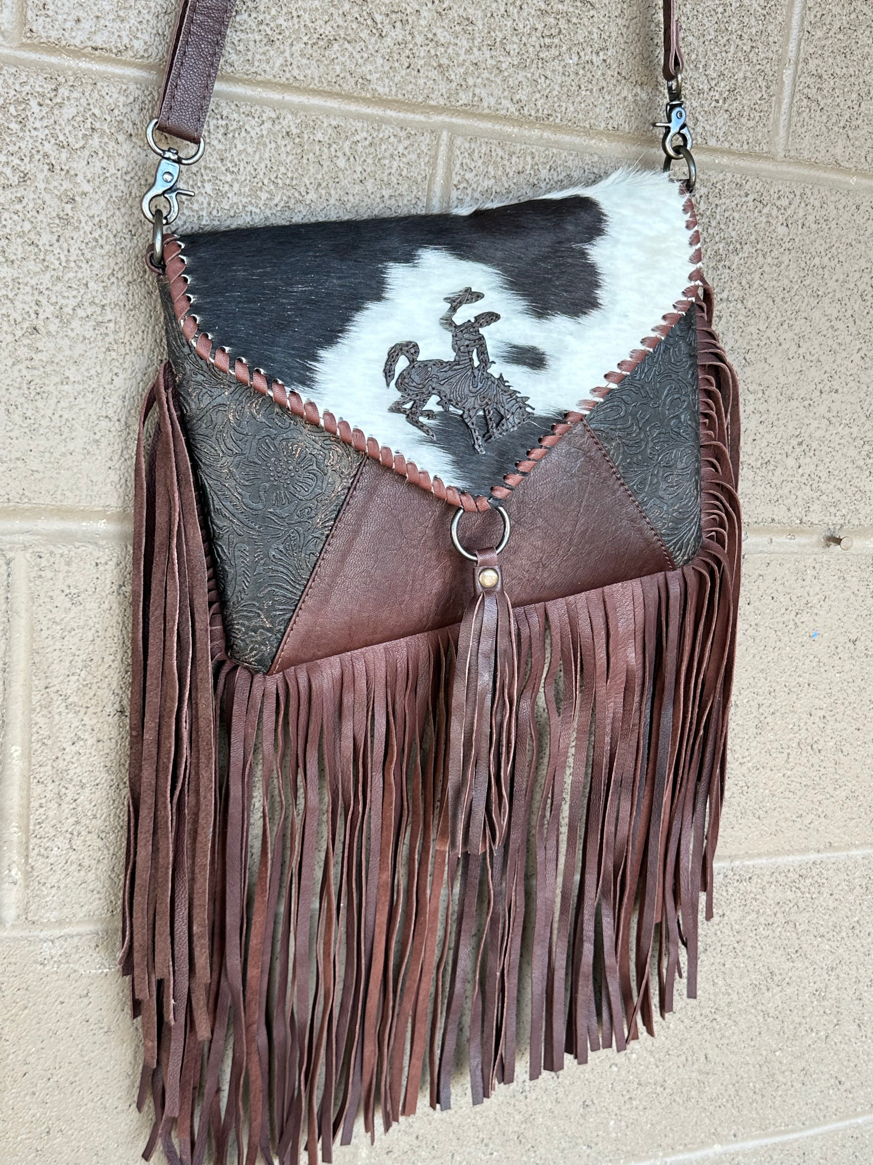 Genuine Tooled Leather & Cowhide Fringe Purse