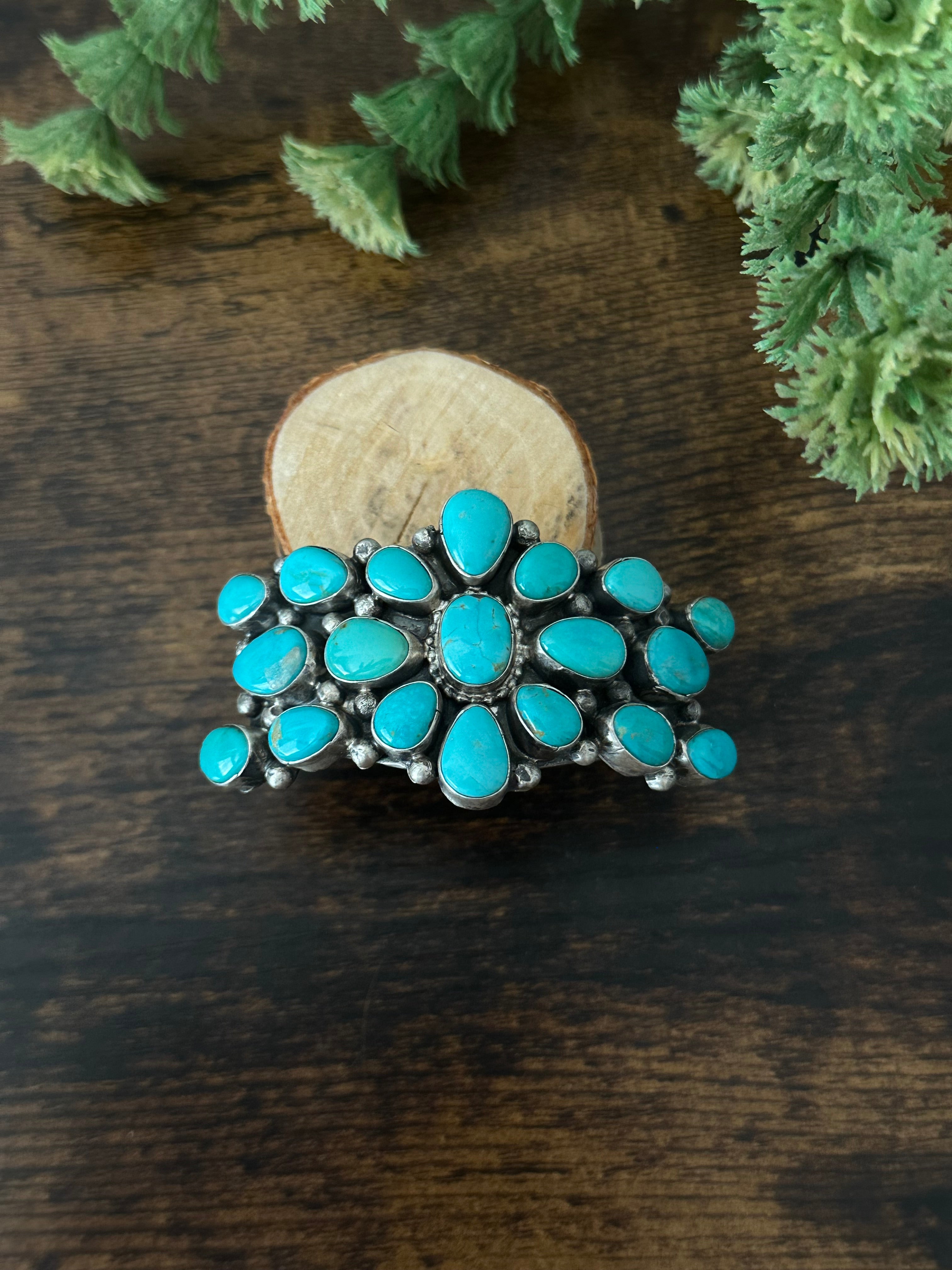 Bobby Johnson Kingman Turquoise & Sterling Silver Cluster Cuff Bracelet