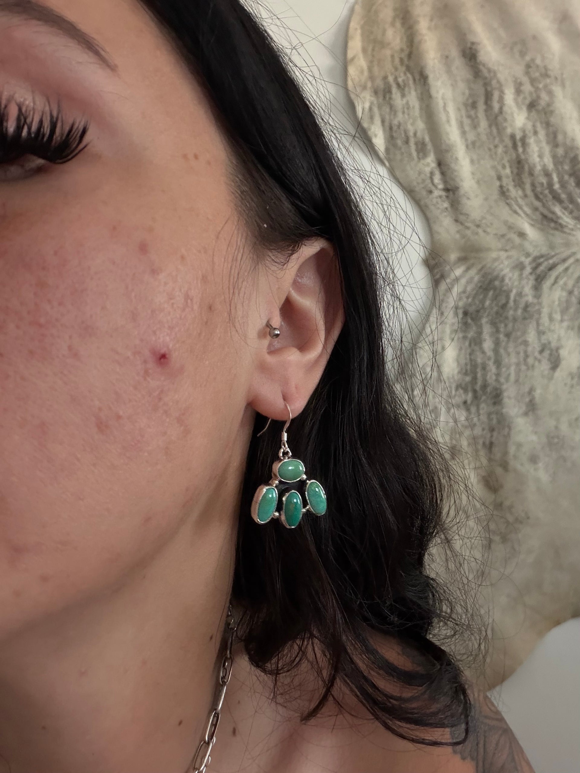 Navajo Made Kingman Turquoise & Sterling Silver Cluster Dangle Earrings