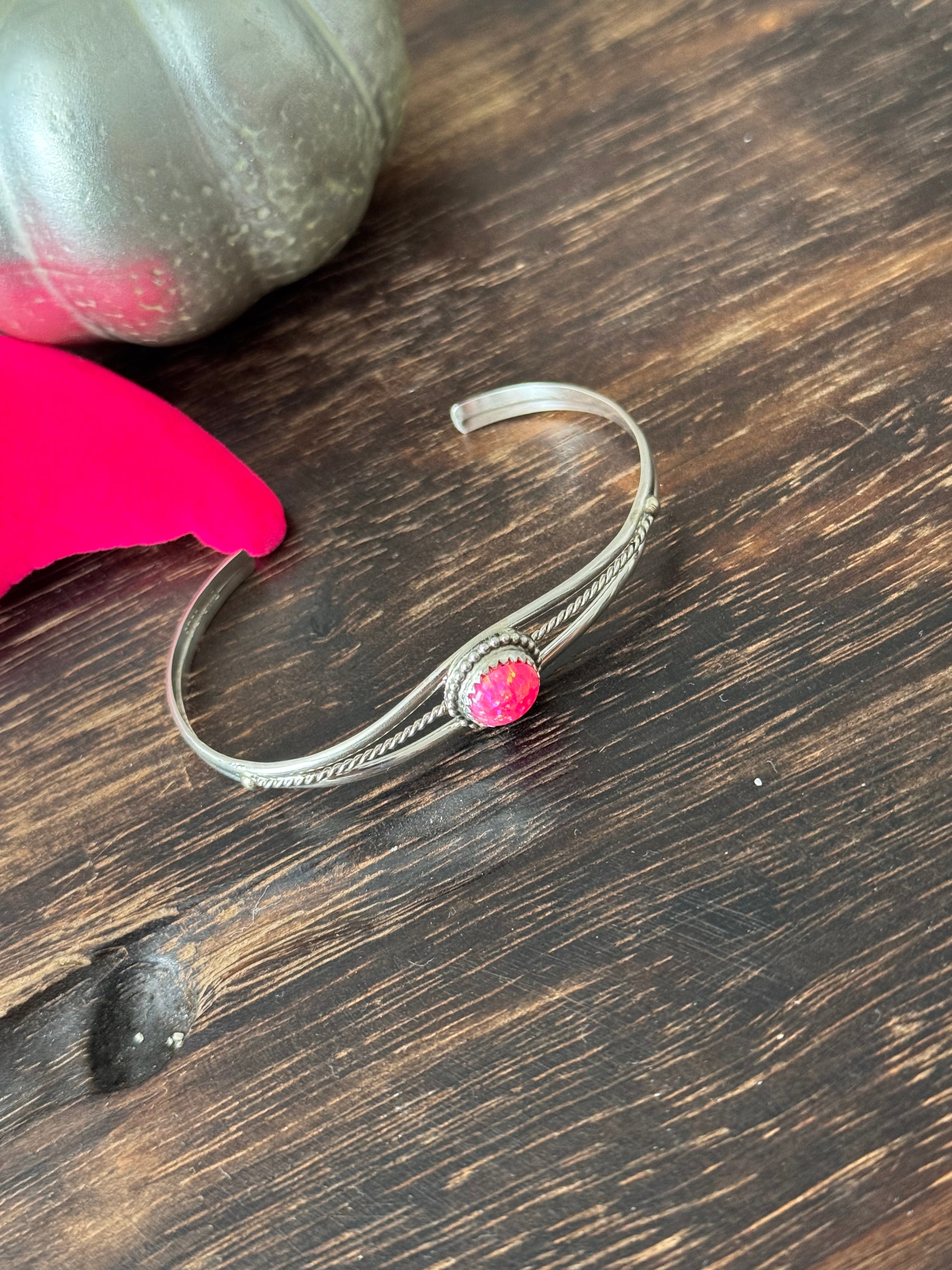 Navajo Made Pink Opal & Sterling Silver Cuff Bracelet