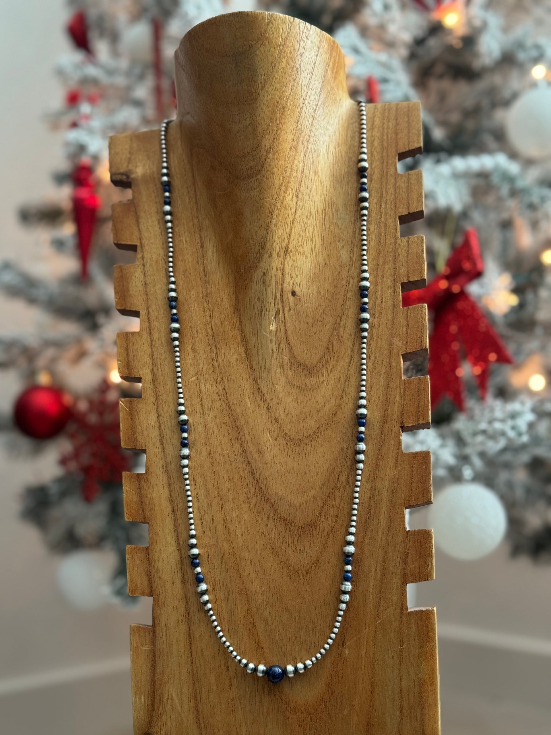 Navajo Strung Lapis & Sterling Silver Graduated Pearl Necklace