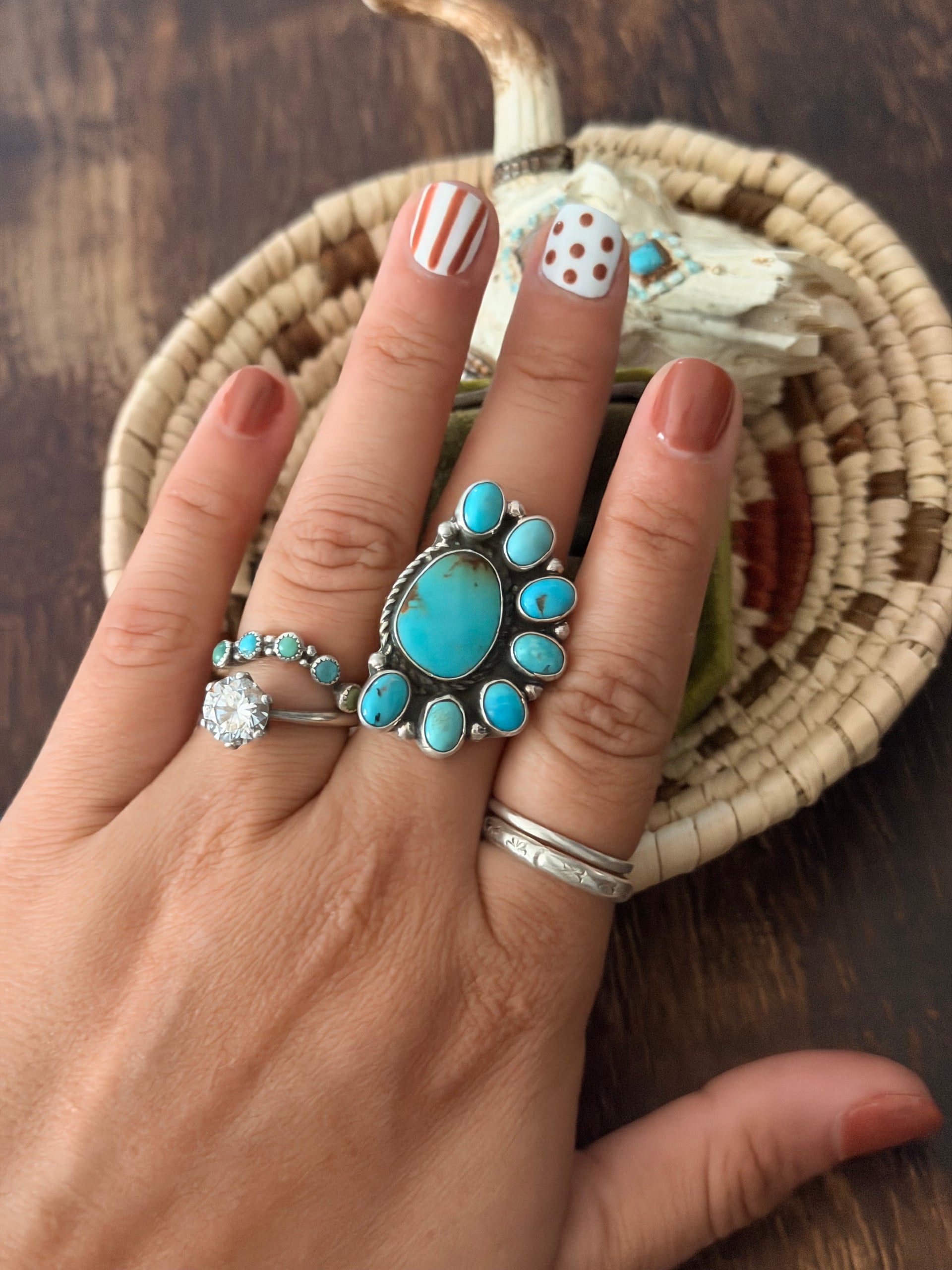 Geraldine James Kingman Turquoise & Sterling Silver Cluster Adjustable Ring