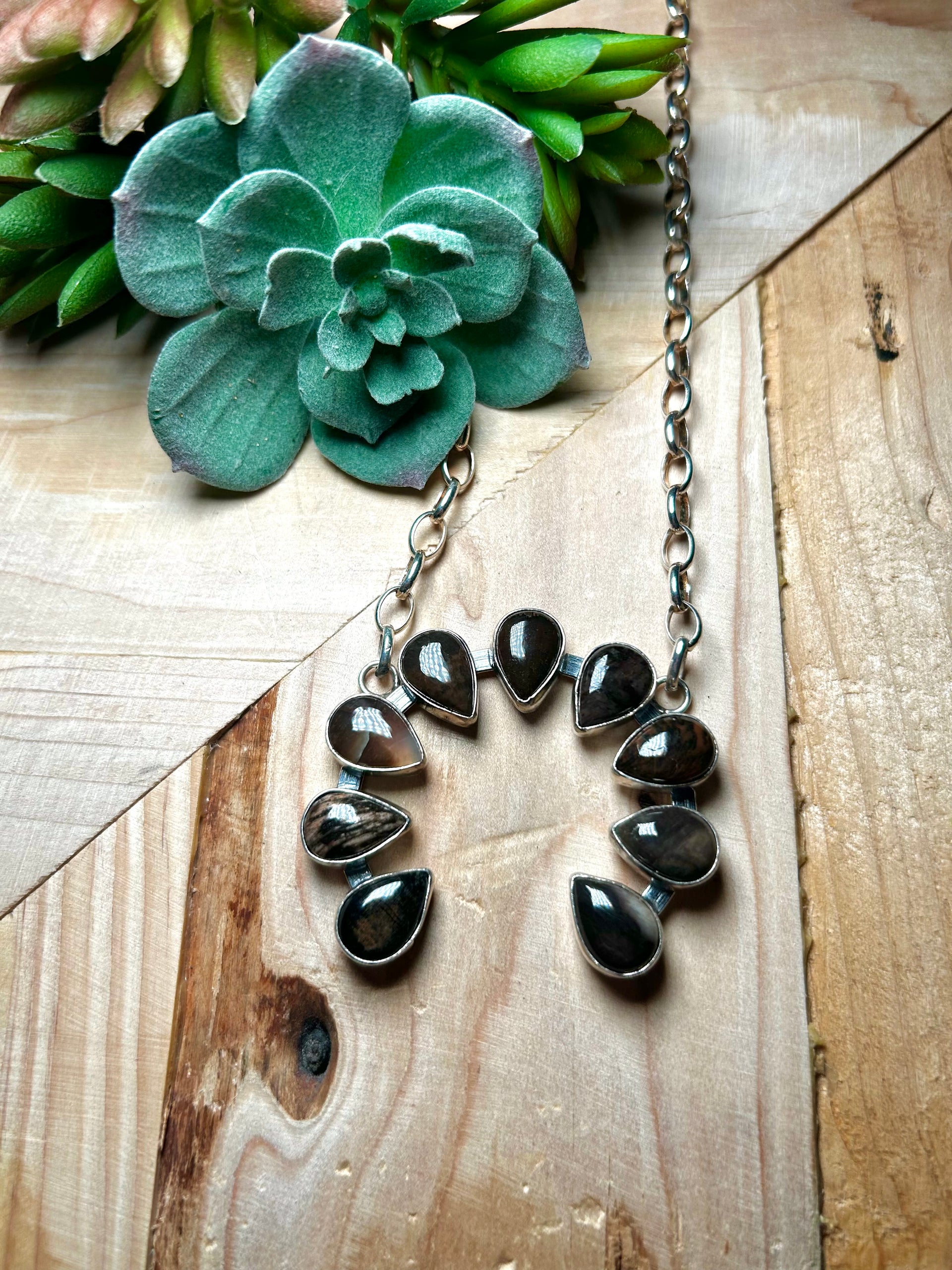 Navajo Made Petrified Wood & Sterling Silver Necklace