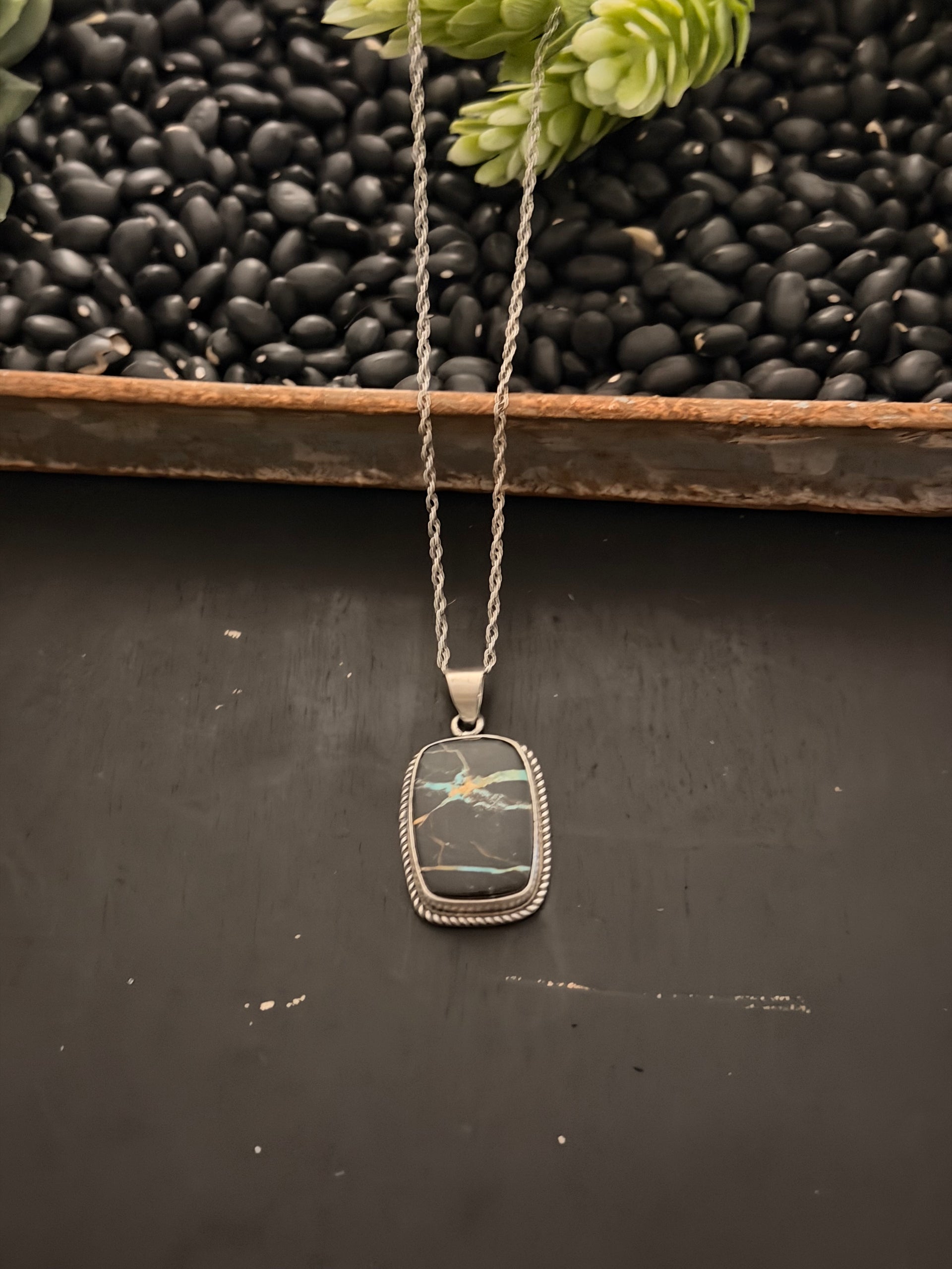 Navajo Made Black Jack Turquoise & Sterling Silver Necklace