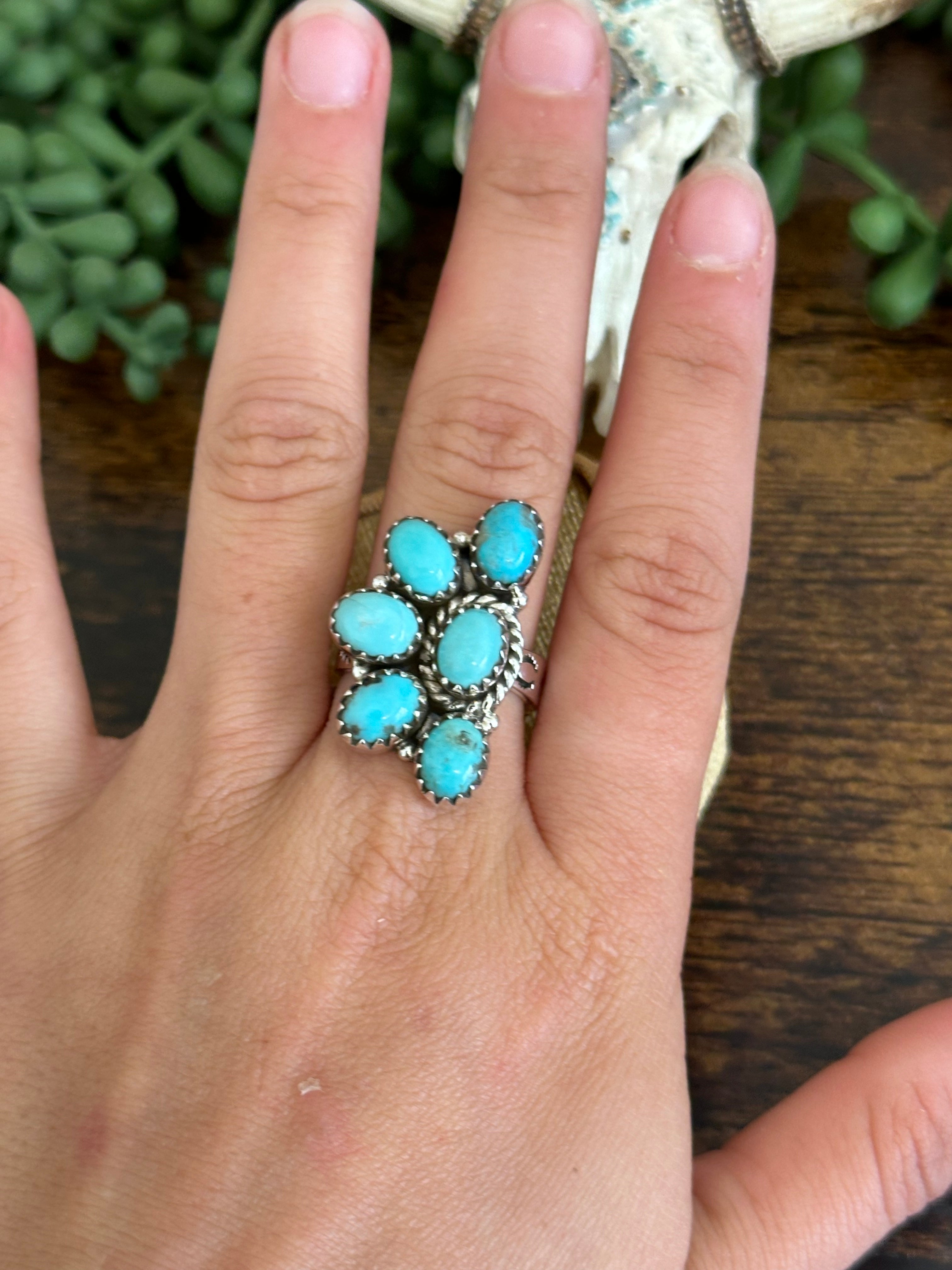 Southwest Handmade Kingman Turquoise & Sterling Silver Adjustable Cluster Ring