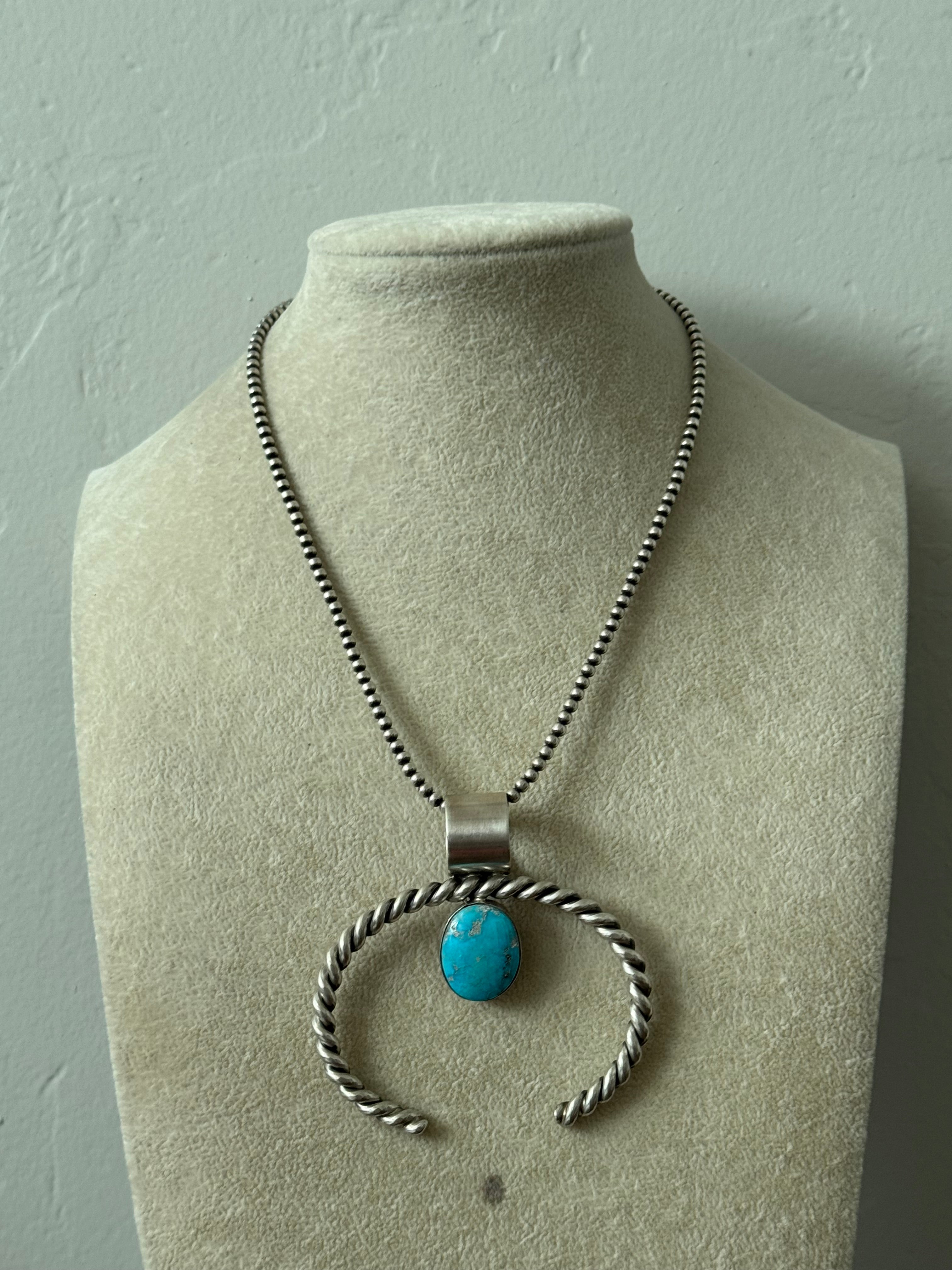 Navajo Made Kingman Turquoise & Sterling Silver Naja Pendant