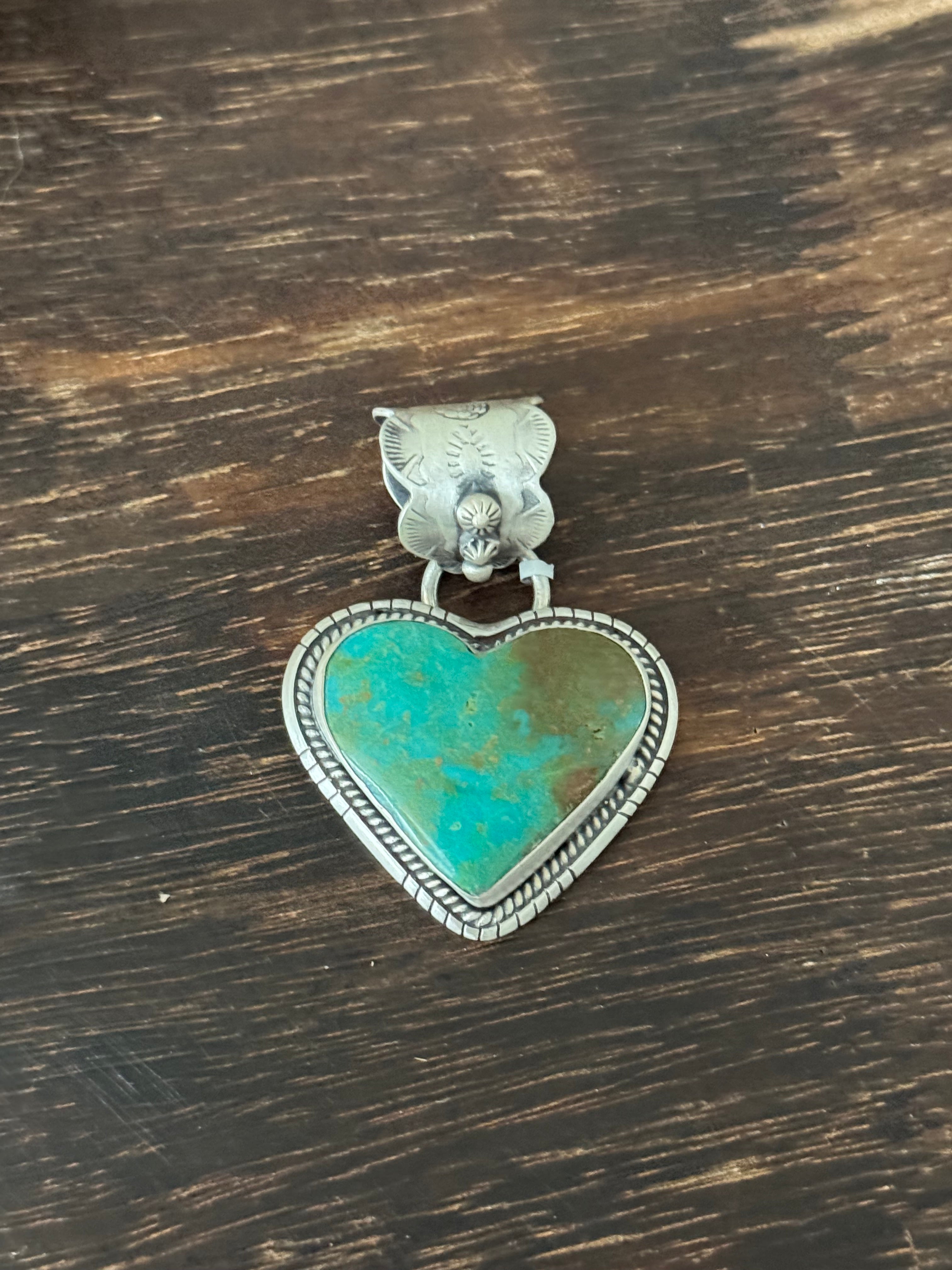 Navajo Made Kingman Turquoise & Sterling Silver Heart Pendant