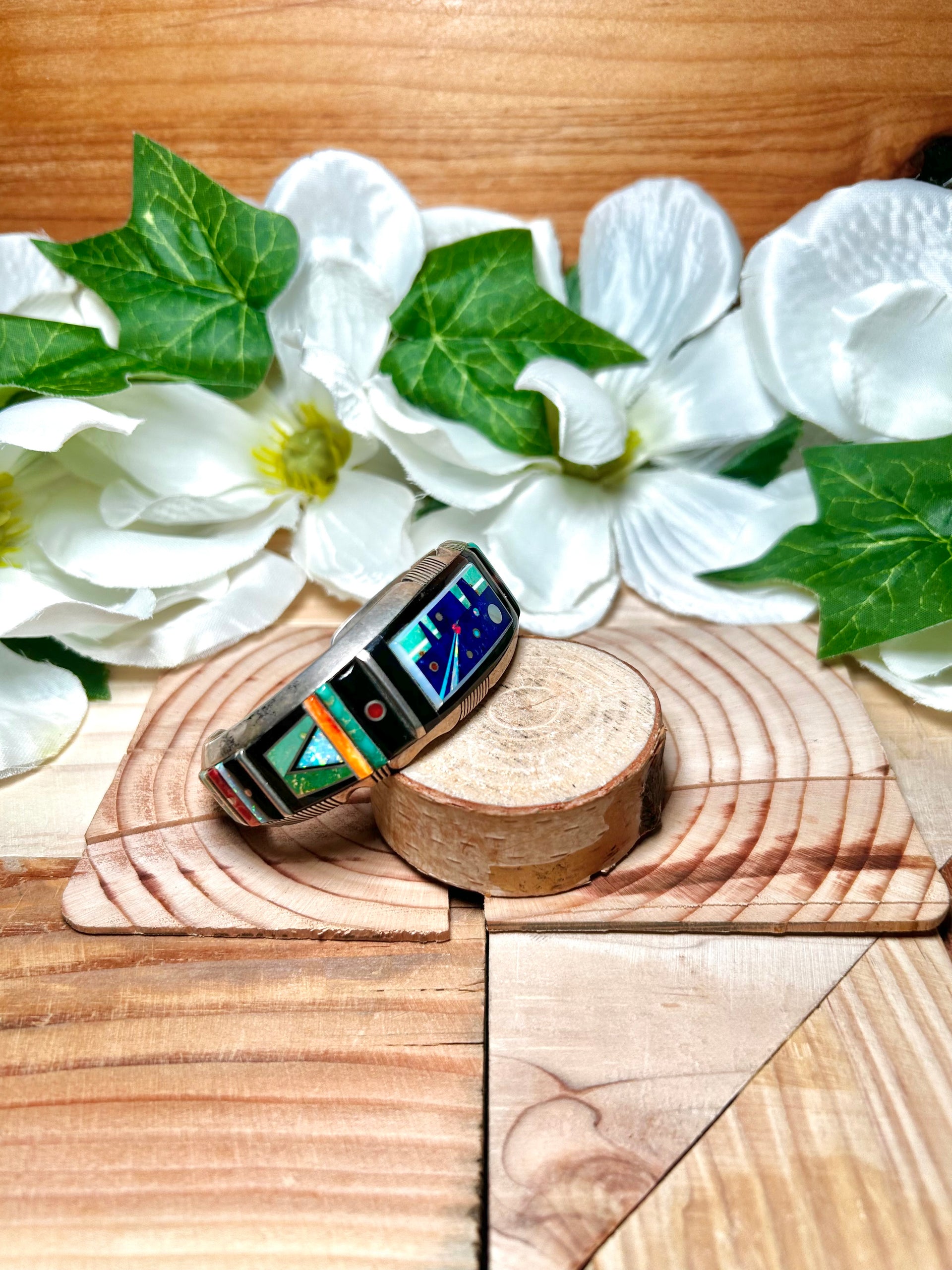 Old Pawn Gilbert Nelson Multi Stone & Sterling Silver Cuff Bracelet