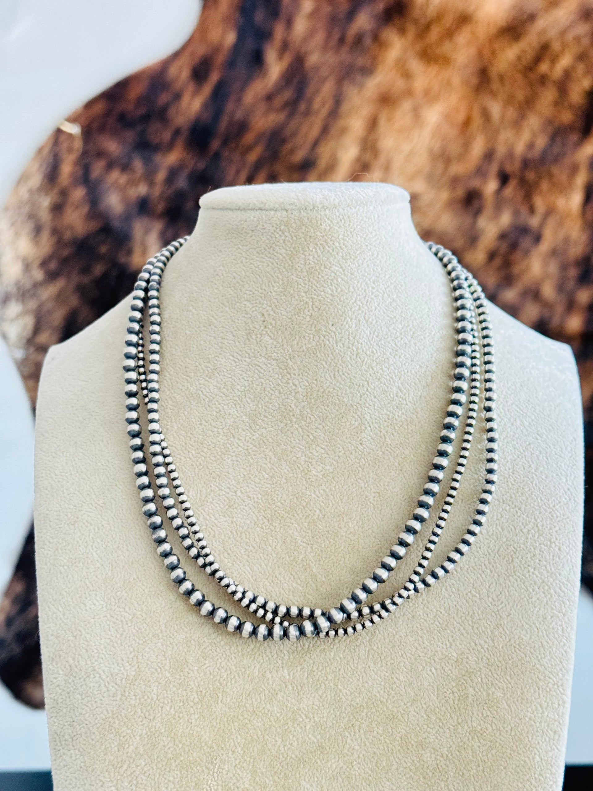 Navajo Strung 3 Strand Sterling Silver Pearls Beaded Necklace