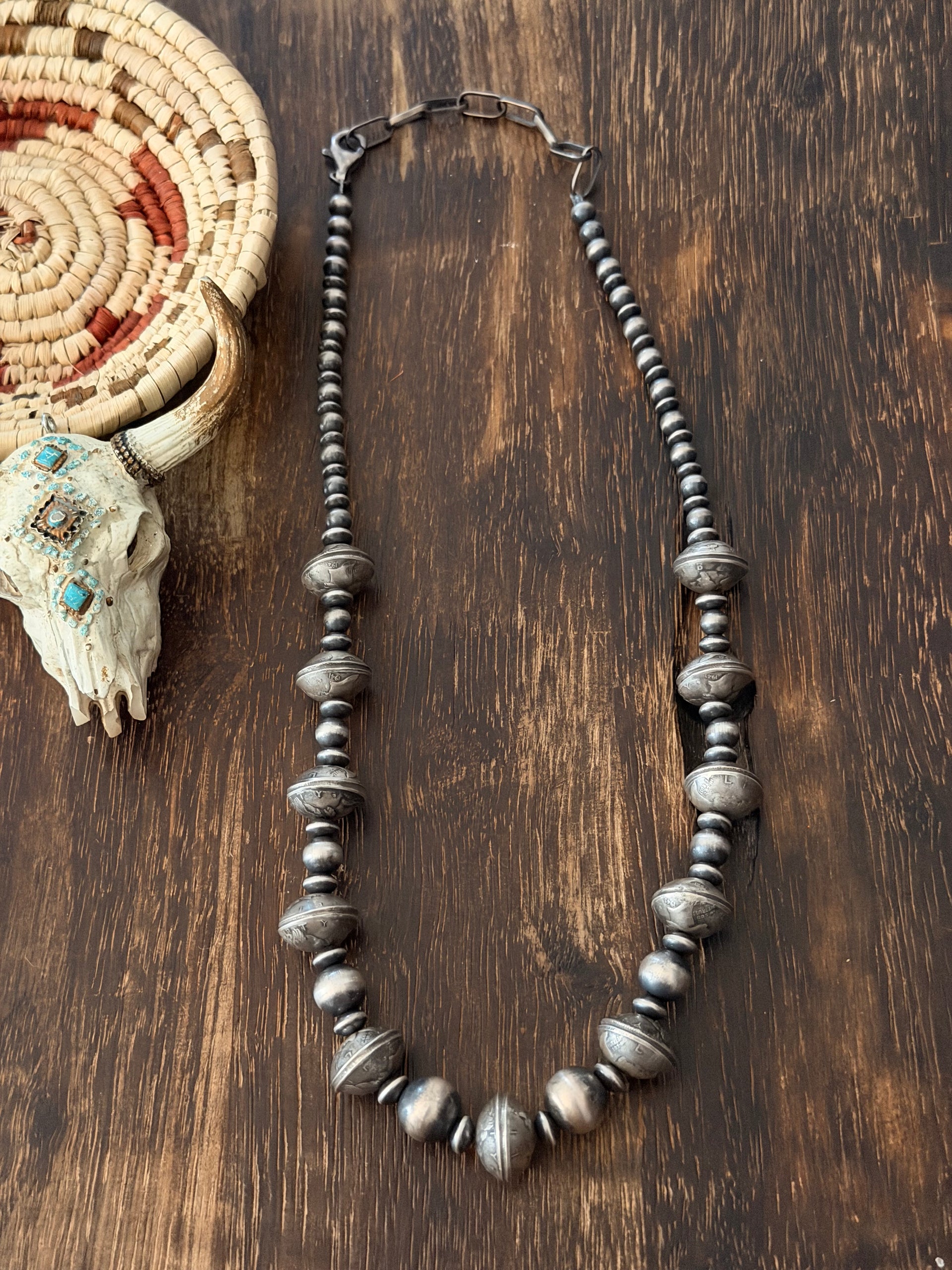 Navajo Handmade Graduated Sterling Silver Liberty Dime Pearl Necklace