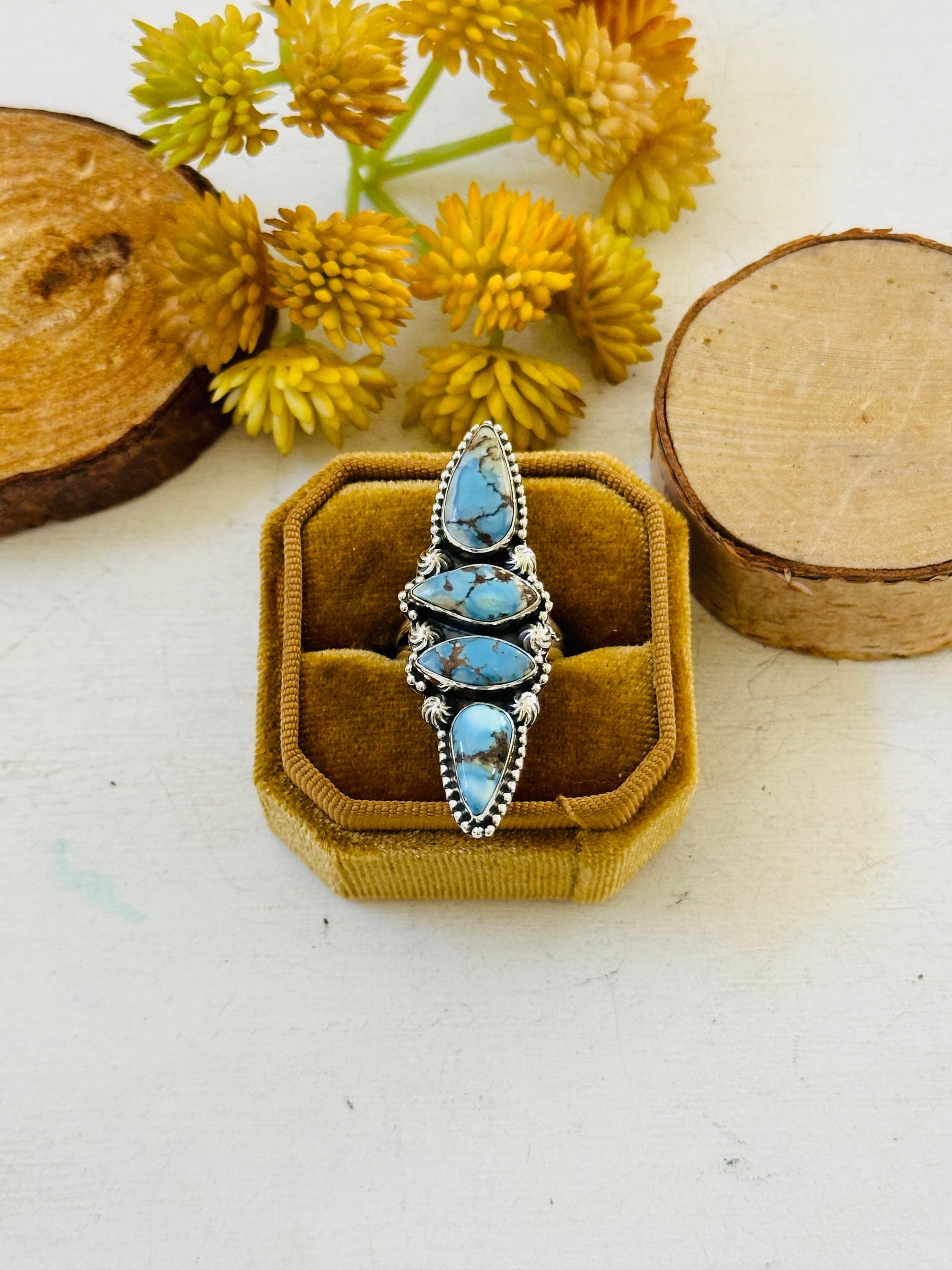 Southwest Handmade Golden Hills Turquoise & Sterling Silver Ring Size 7