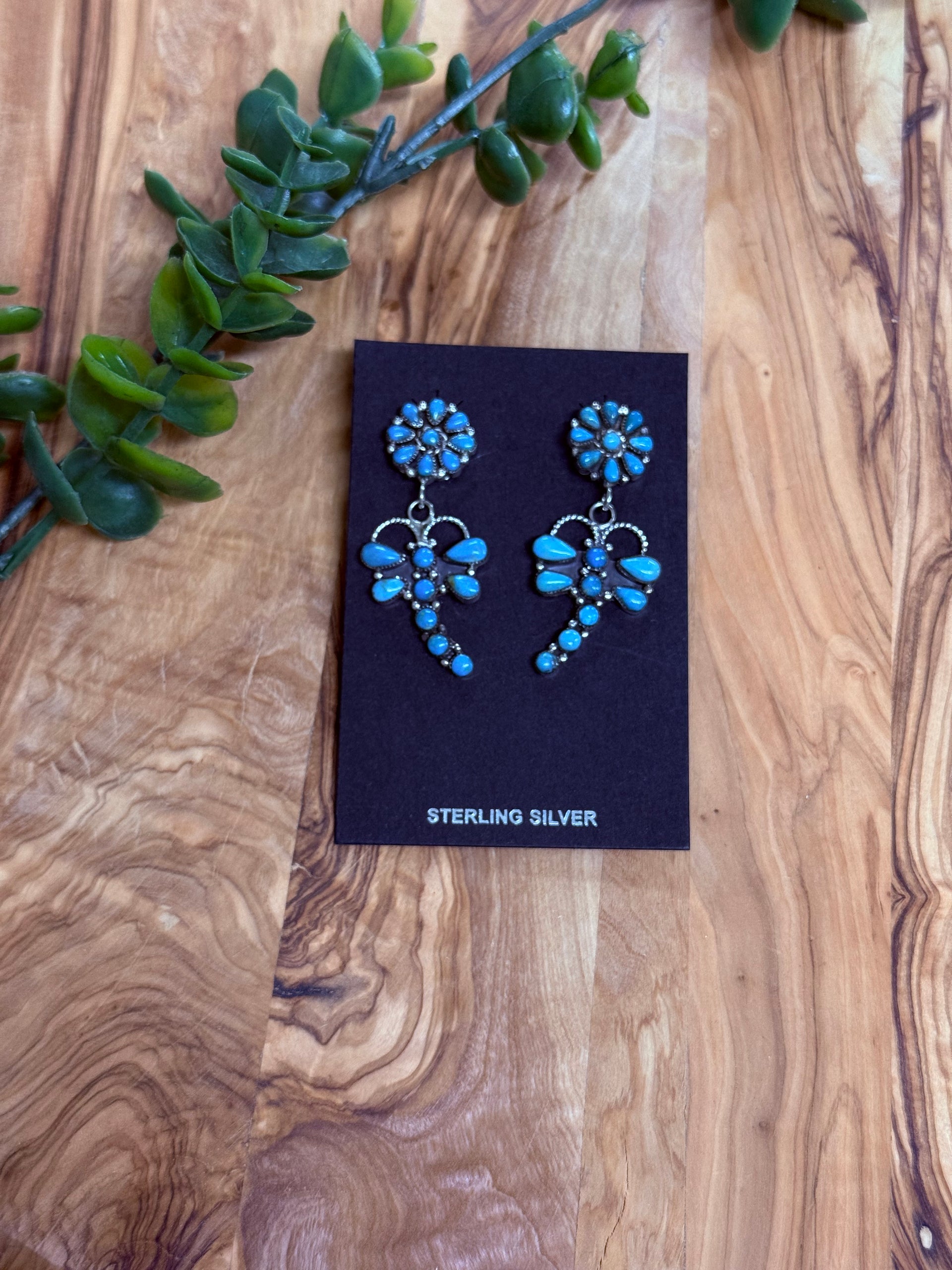 Southwest Handmade Kingman Turquoise & Sterling Silver Post Dragonfly Earrings