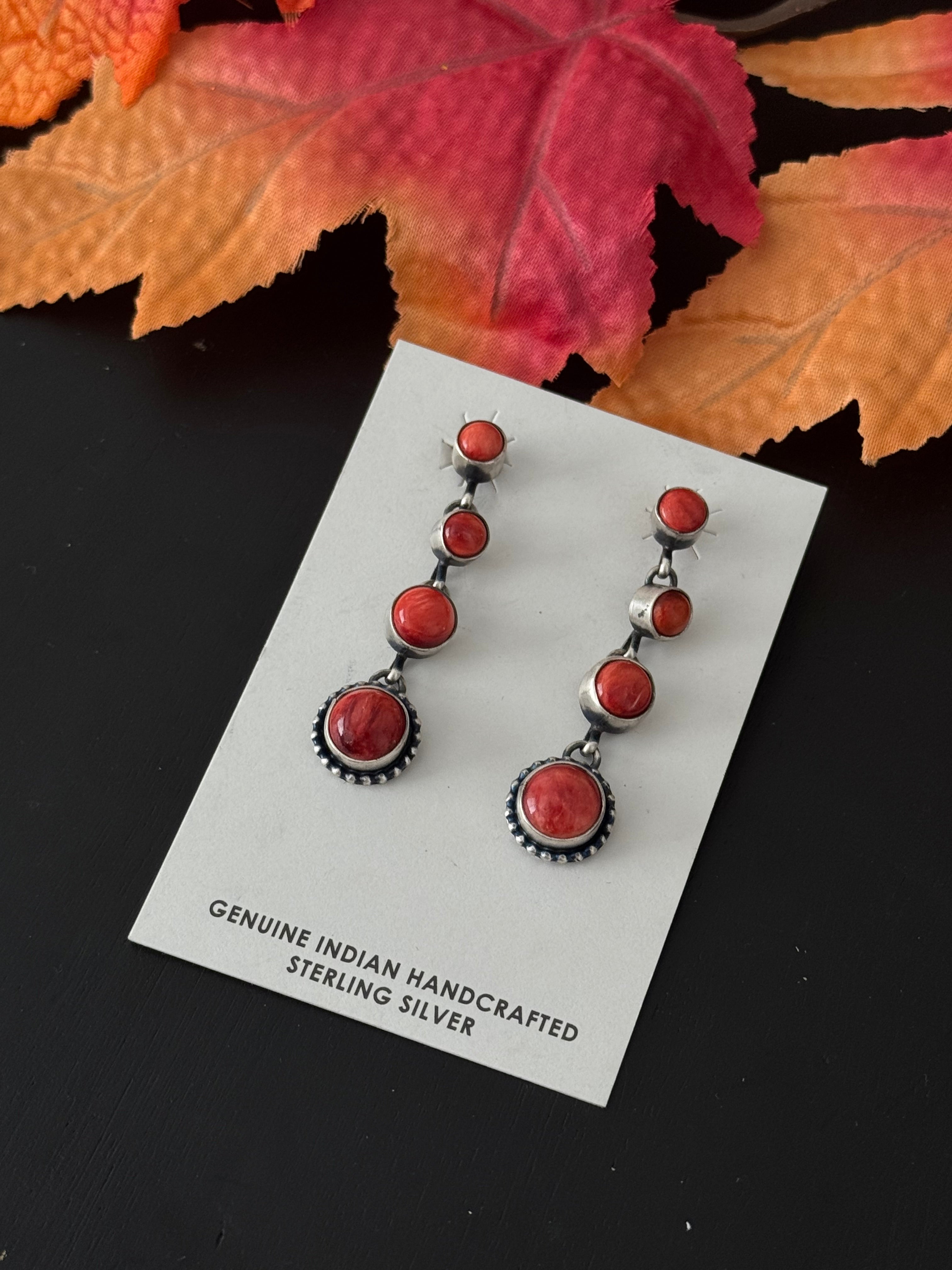 Navajo Made Red Spiny Oyster & Sterling Silver Post Dangle Earrings