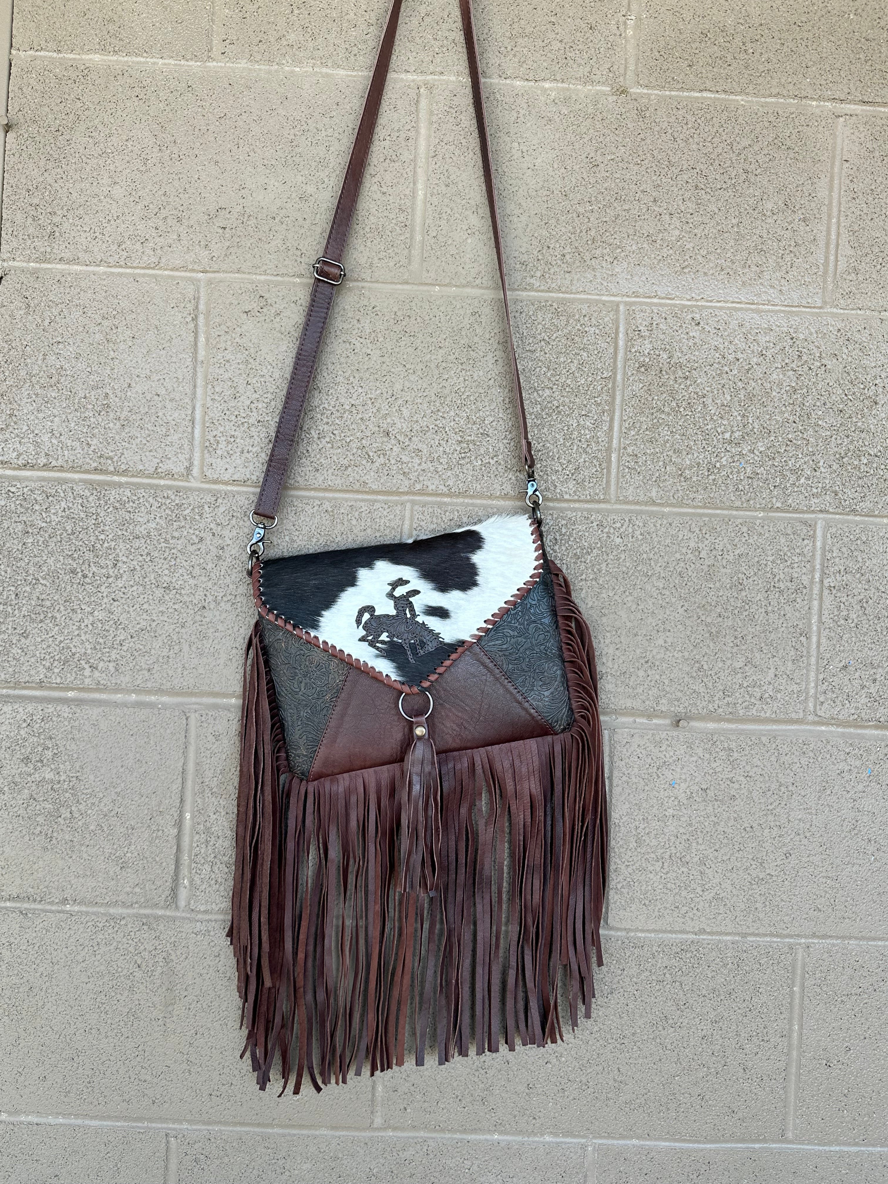 Genuine Tooled Leather & Cowhide Fringe Purse