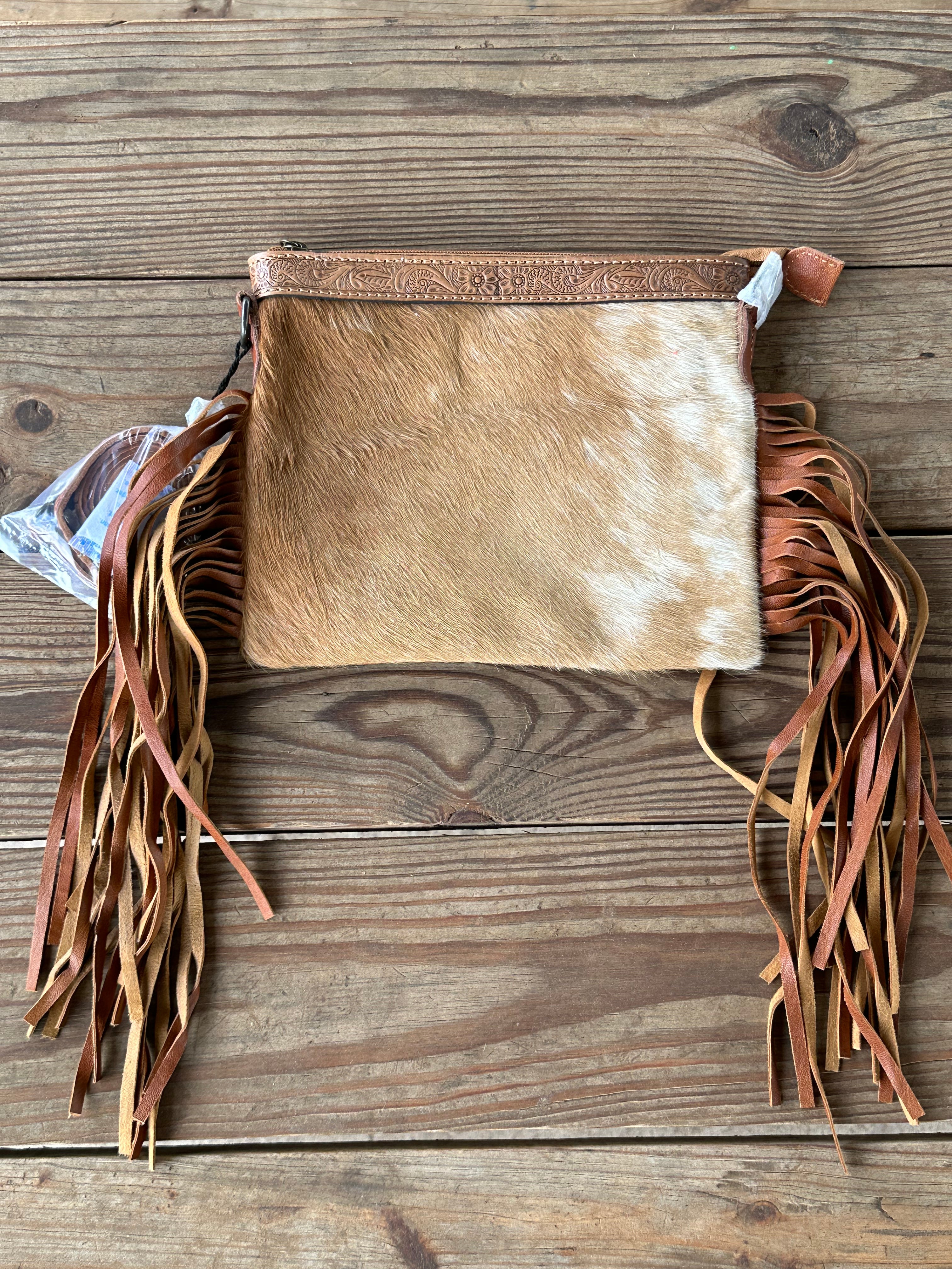 Genuine Leather Cowhide Tooled Cross Body Fringe Purse