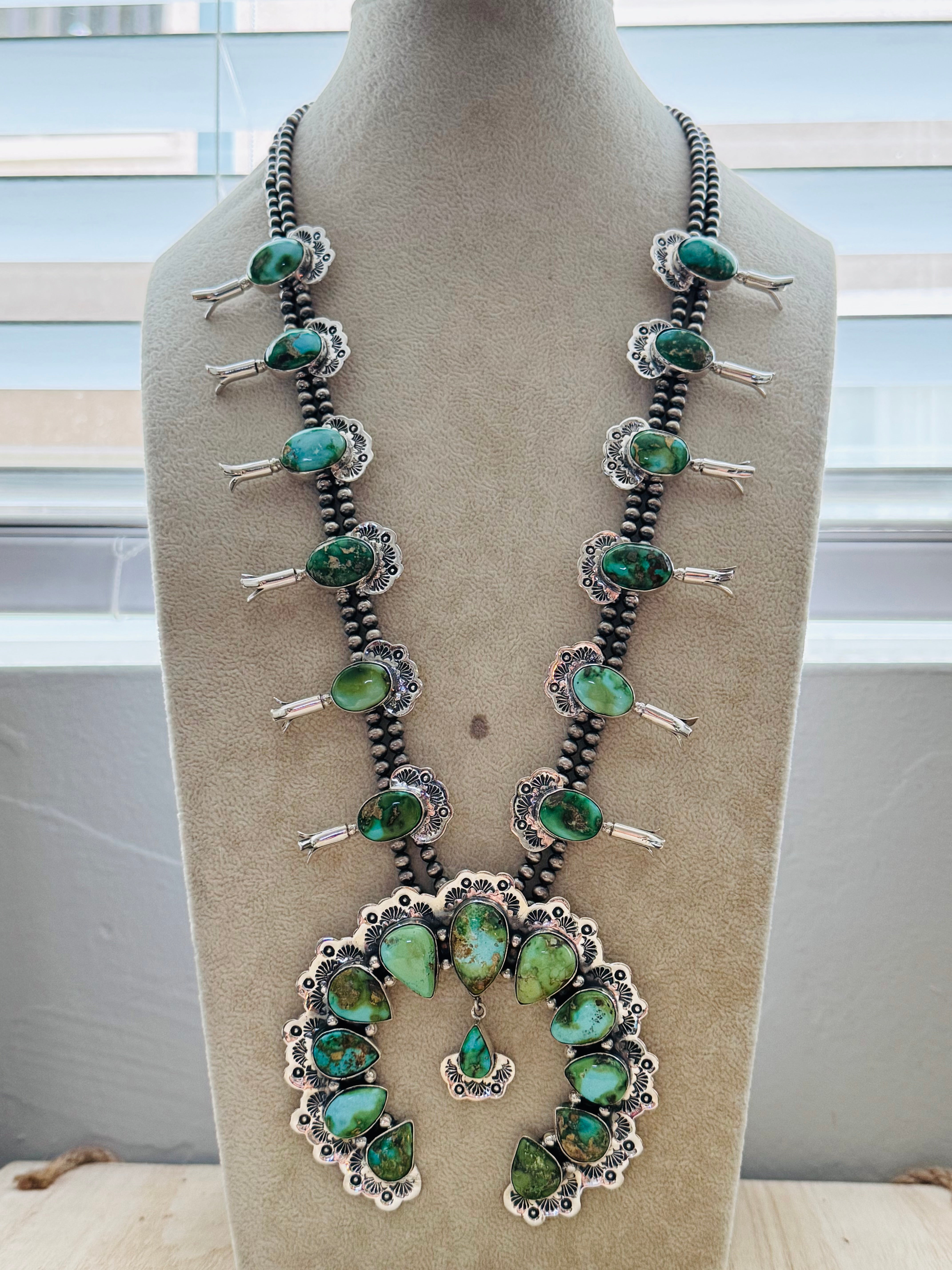 Southwest Sonoran Mountain Turquoise & Sterling Silver Squash Blossom Necklace Set