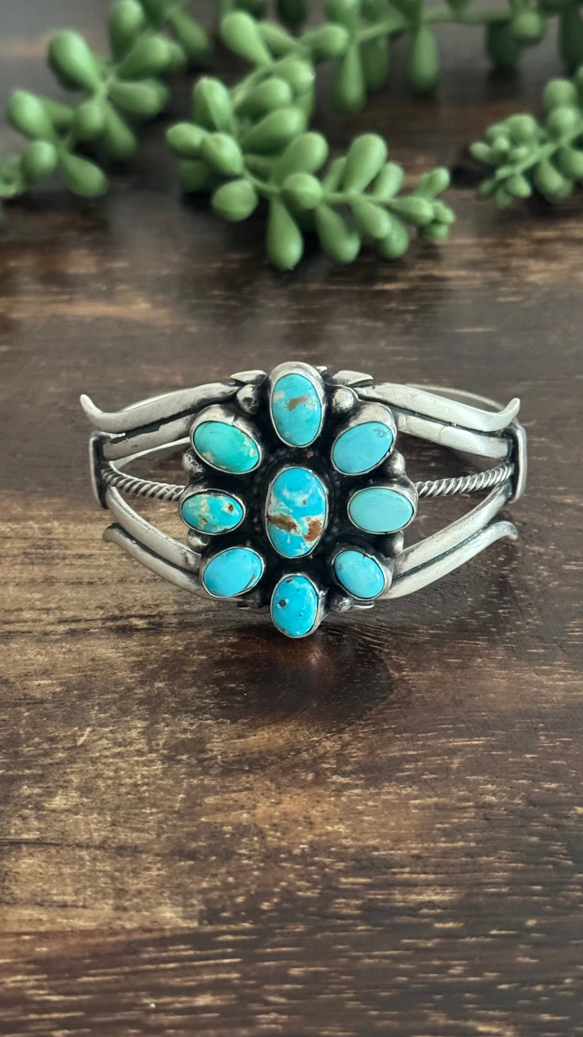 Sheila Becenti Royston Turquoise & Sterling Silver Cluster Cuff Bracelet