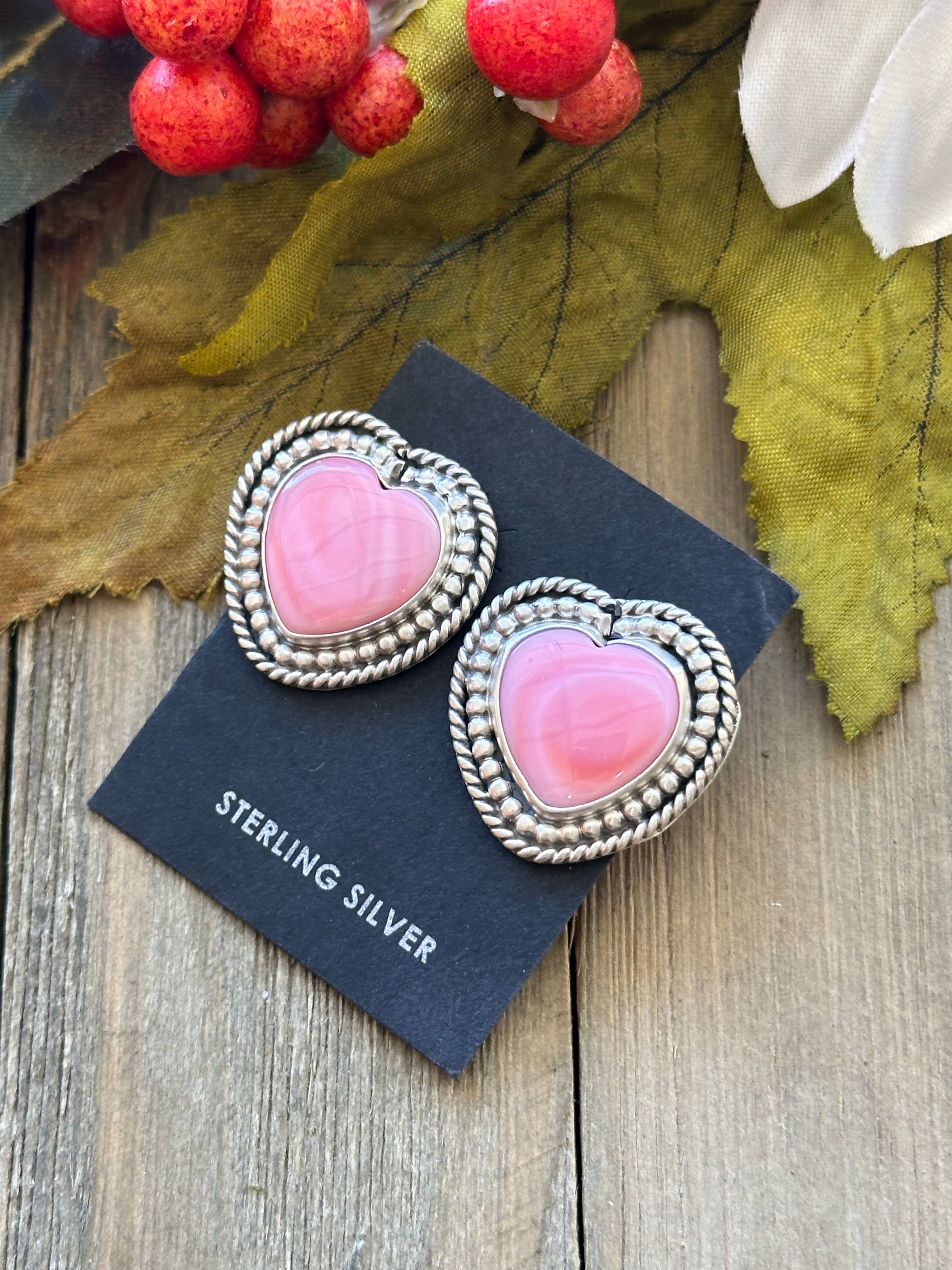 Navajo Handmade Pink Conch & Sterling Silver Post Heart Earrings