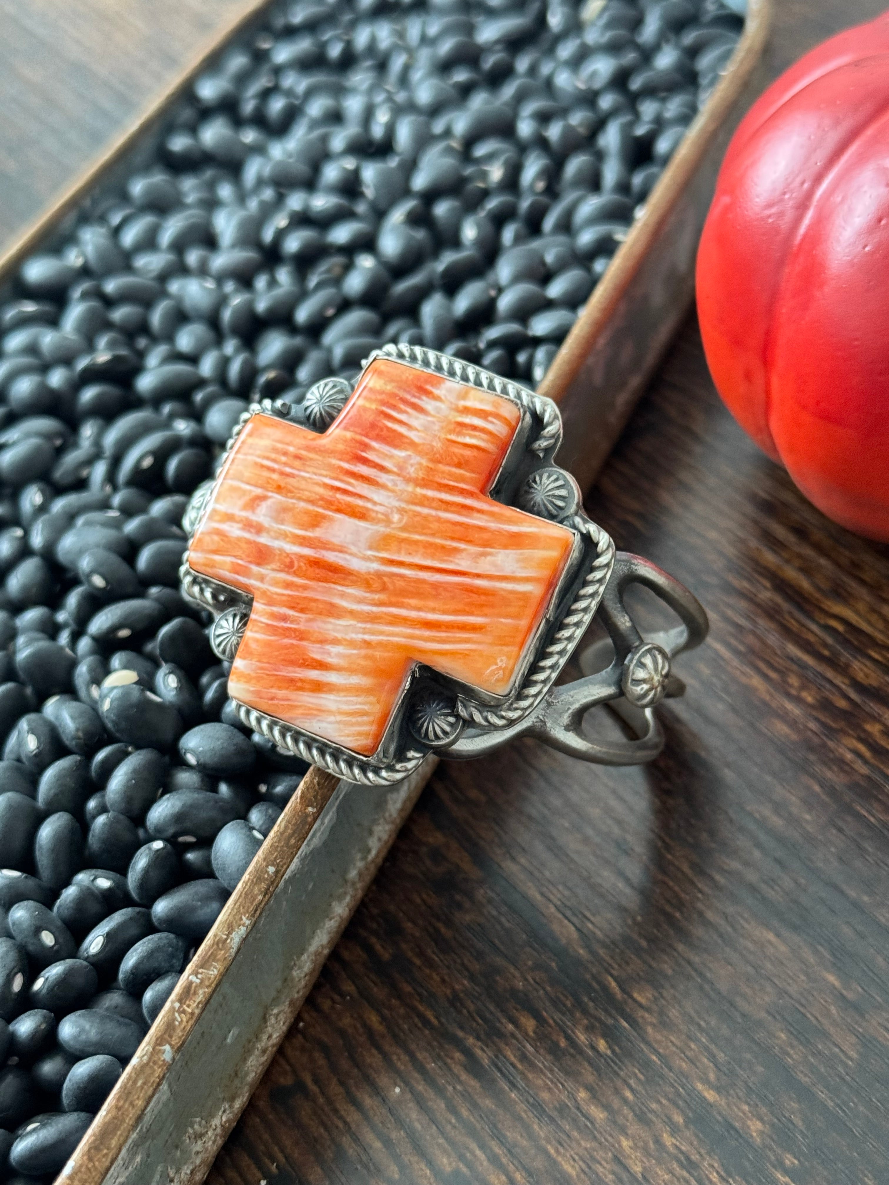 Navajo Made Spiny Oyster & Sterling Silver Cuff Bracelet