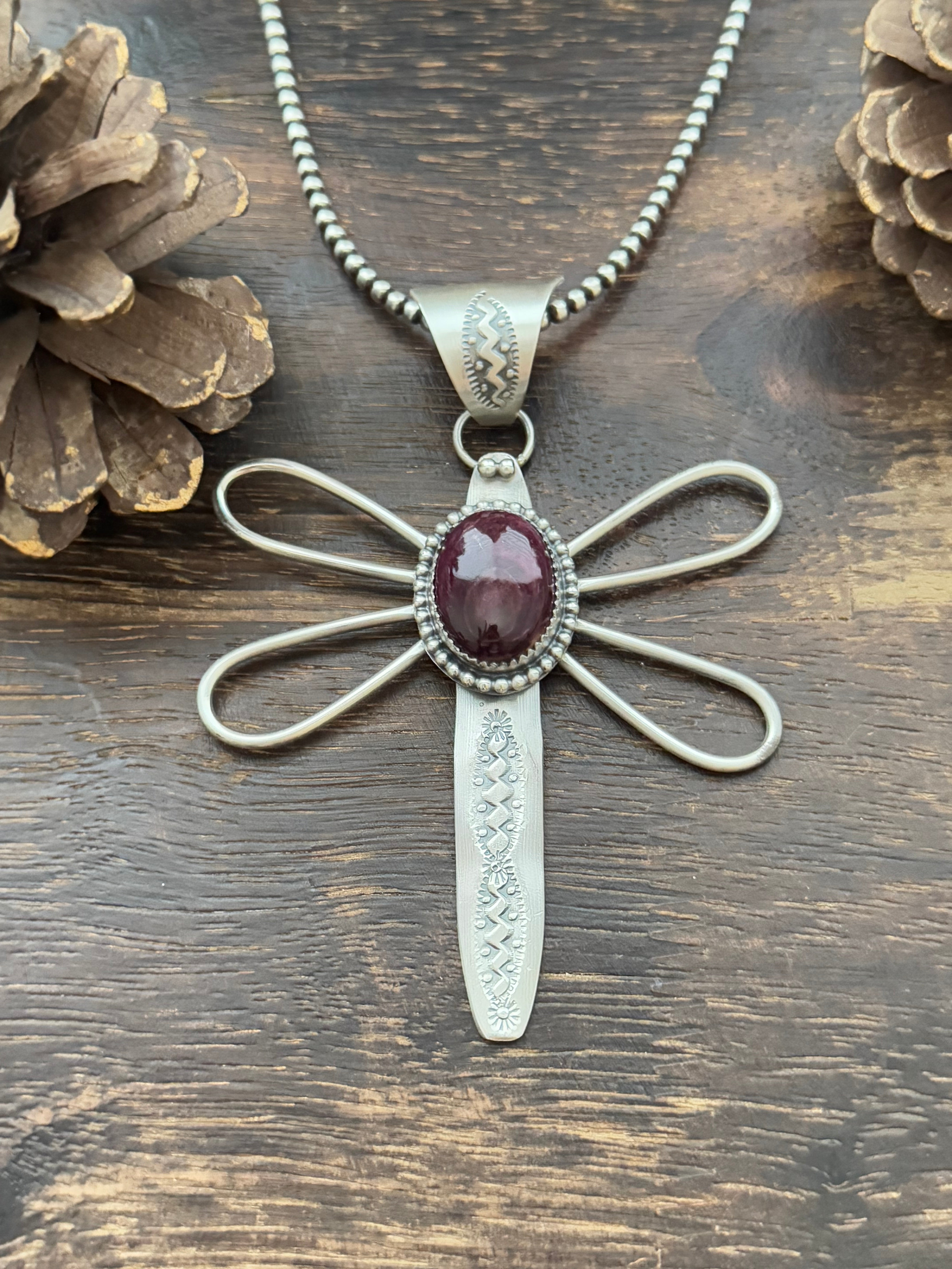 Delbert Secatero Purple Spiny Oyster & Sterling Silver Dragonfly Pendant