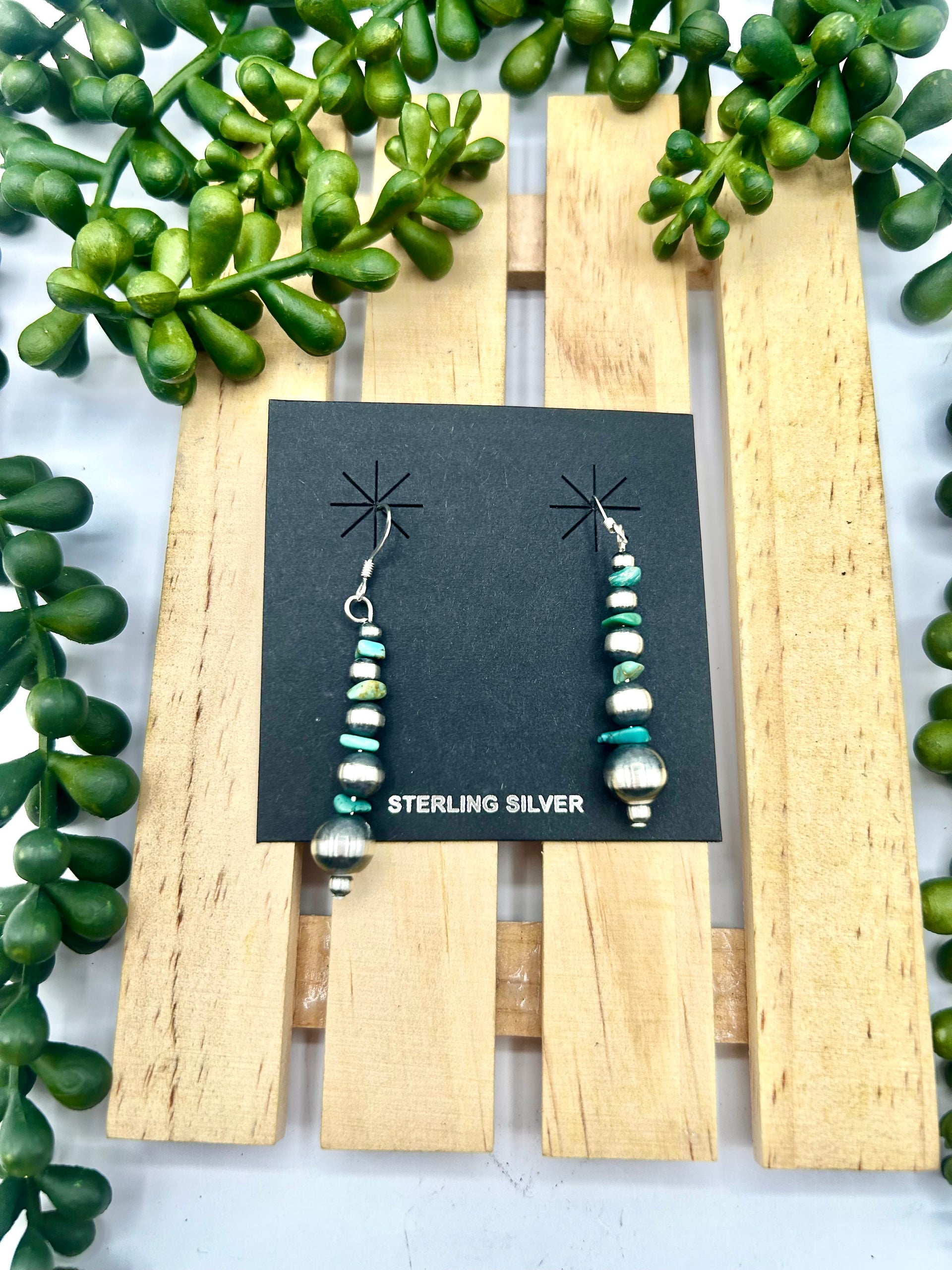 Navajo Made Strung Kingman Turquoise & Sterling Silver Hook Earrings
