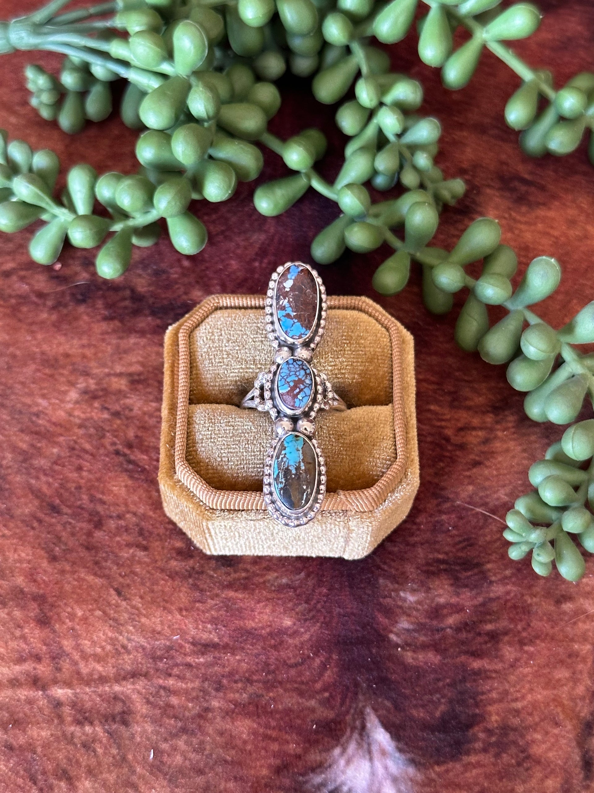 Navajo Made Golden Hills Turquoise & Sterling Silver Cluster Ring Size 8.75