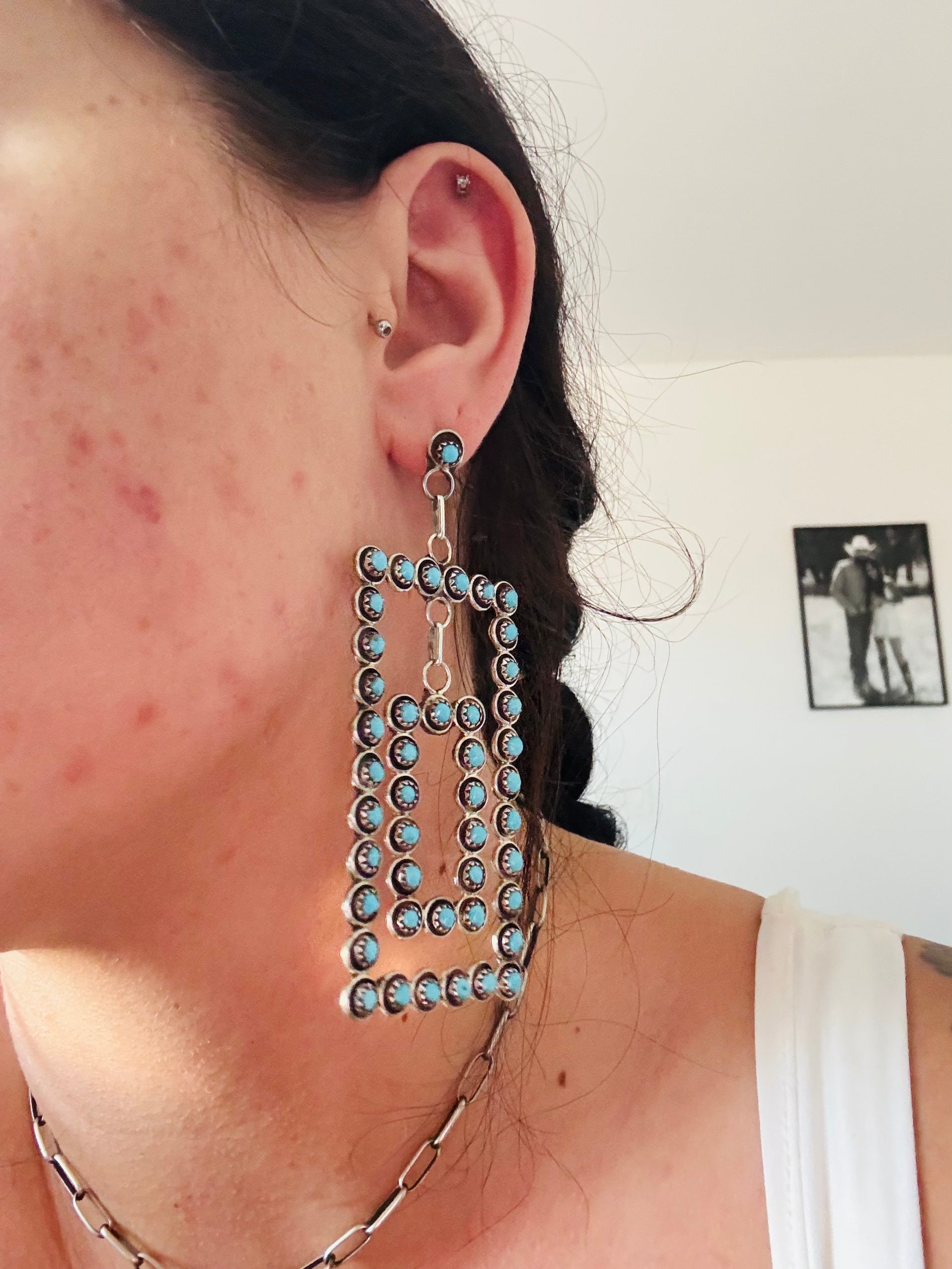 Zuni Made Kingman Turquoise & Sterling Silver Post Dangle Earrings