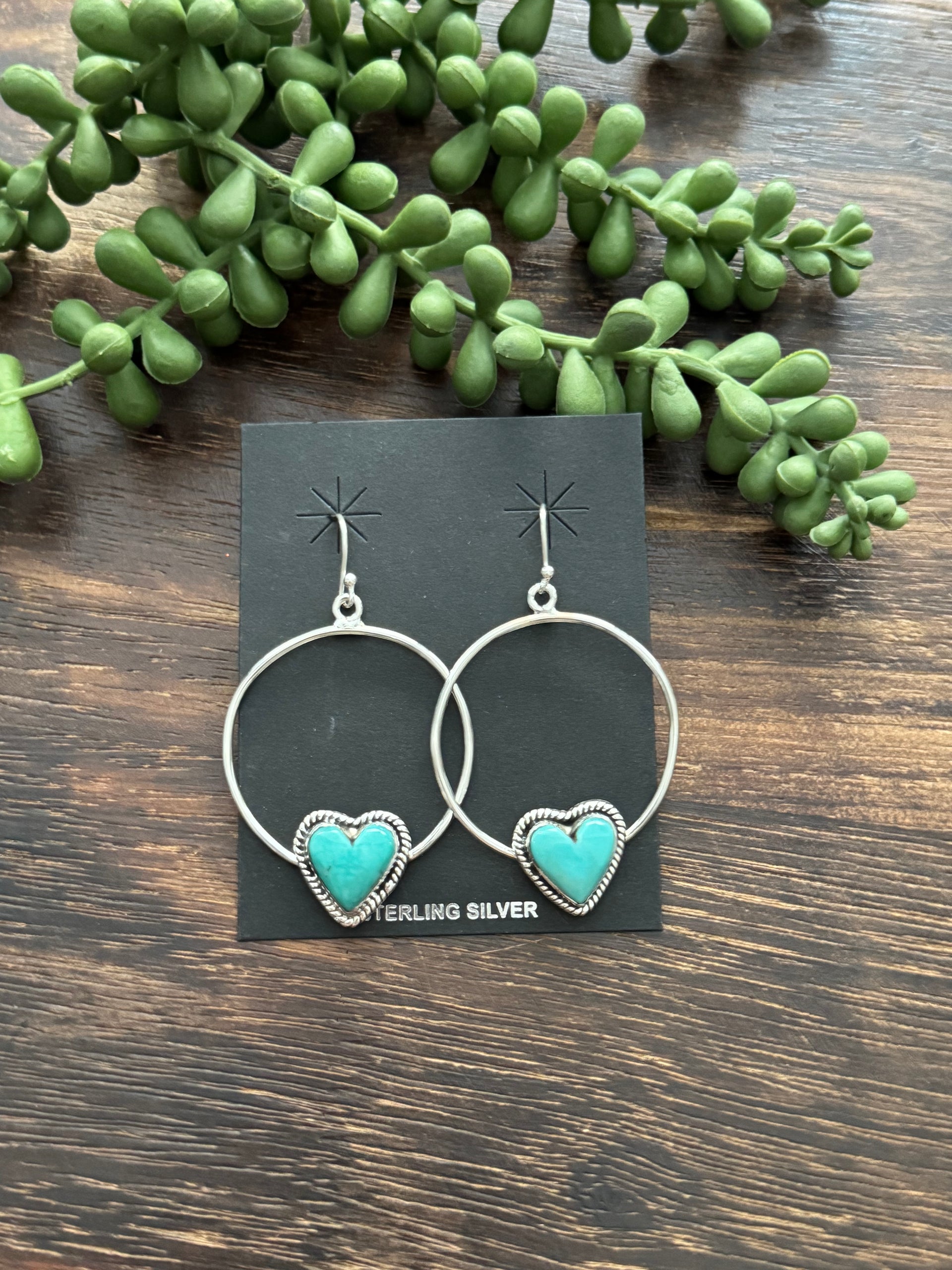 Southwest Handmade Kingman Turquoise & Sterling Silver Heart Dangle Earrings