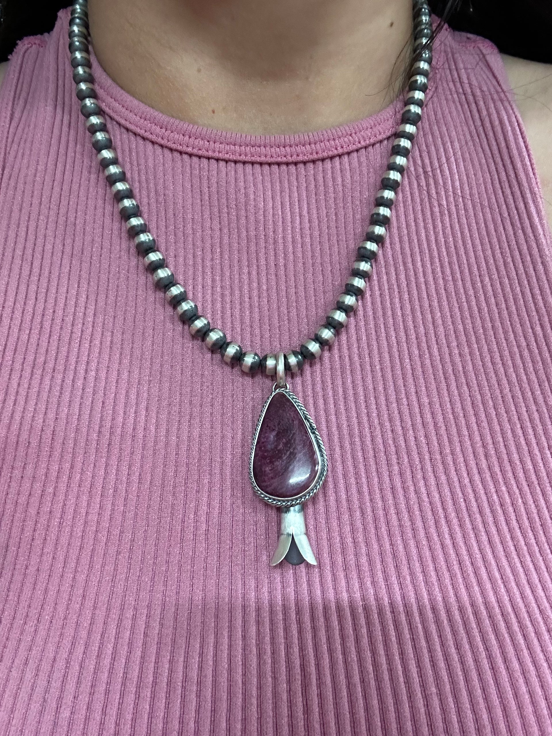 Navajo Made Purple Spiny Oyster & Sterling Silver Blossom Pendant