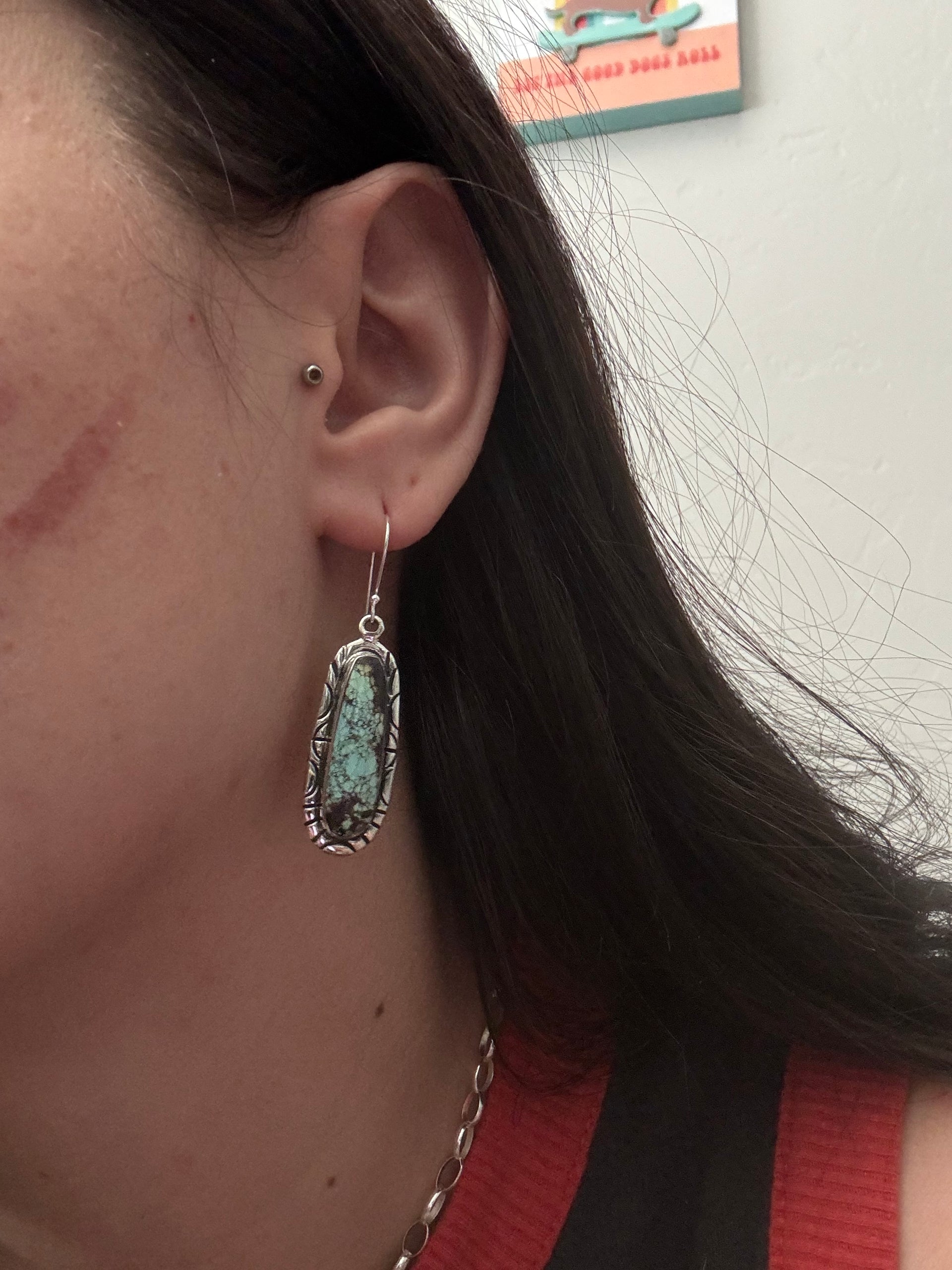 Navajo Made Black Jack Turquoise & Sterling Silver Dangle Earrings