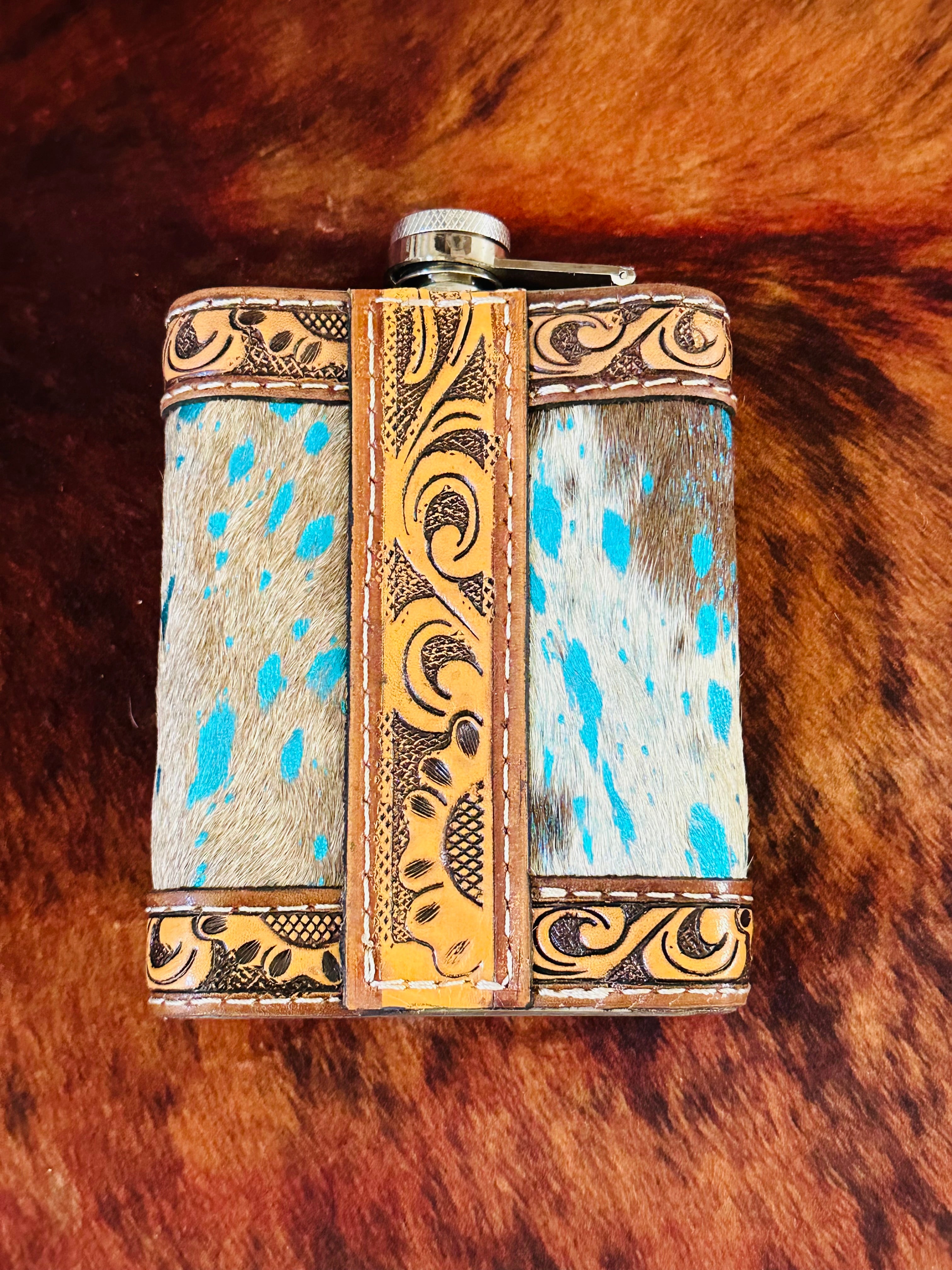 Genuine Tooled Leather & Cowhide 8 oz Flask