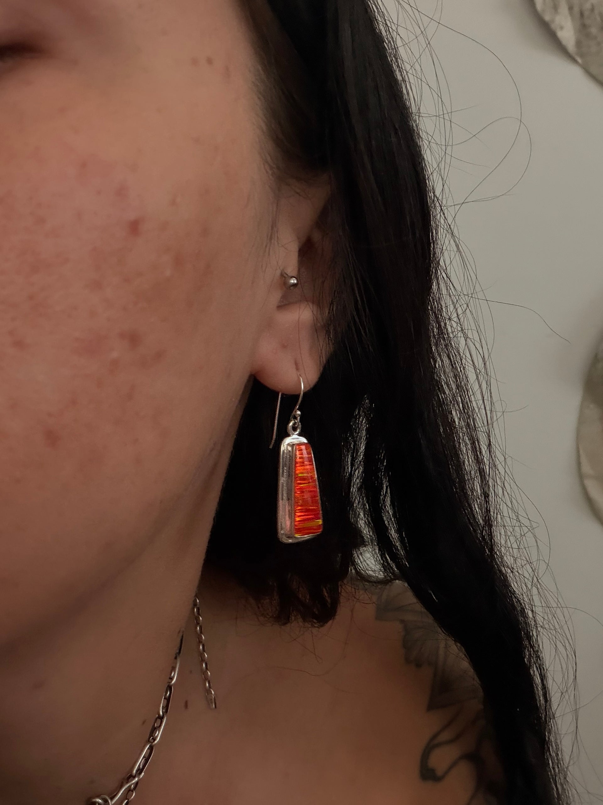Navajo Made Orange Opal (Man Made) & Sterling Silver Dangle Earrings