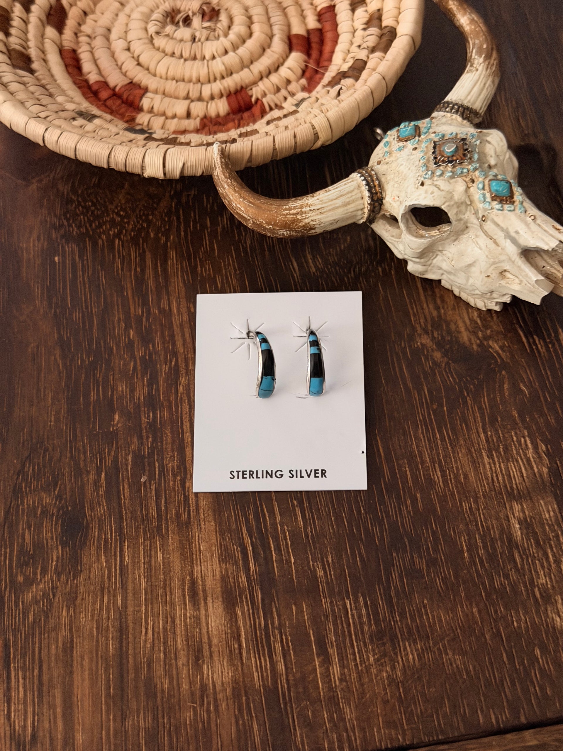 Zuni Made Multi Stone & Sterling Silver Post Hoop Earrings