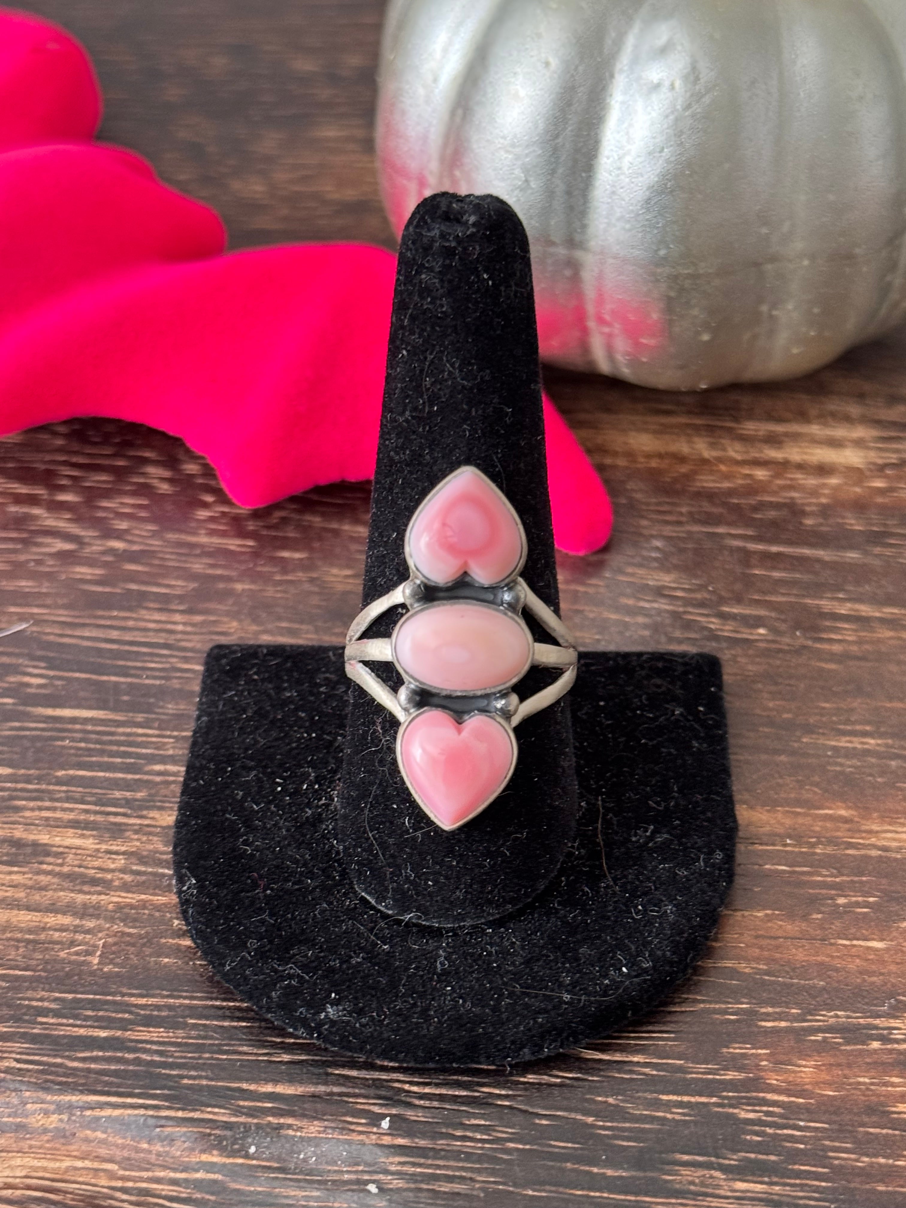 Navajo Made Pink Conch & Sterling Silver Heart Ring