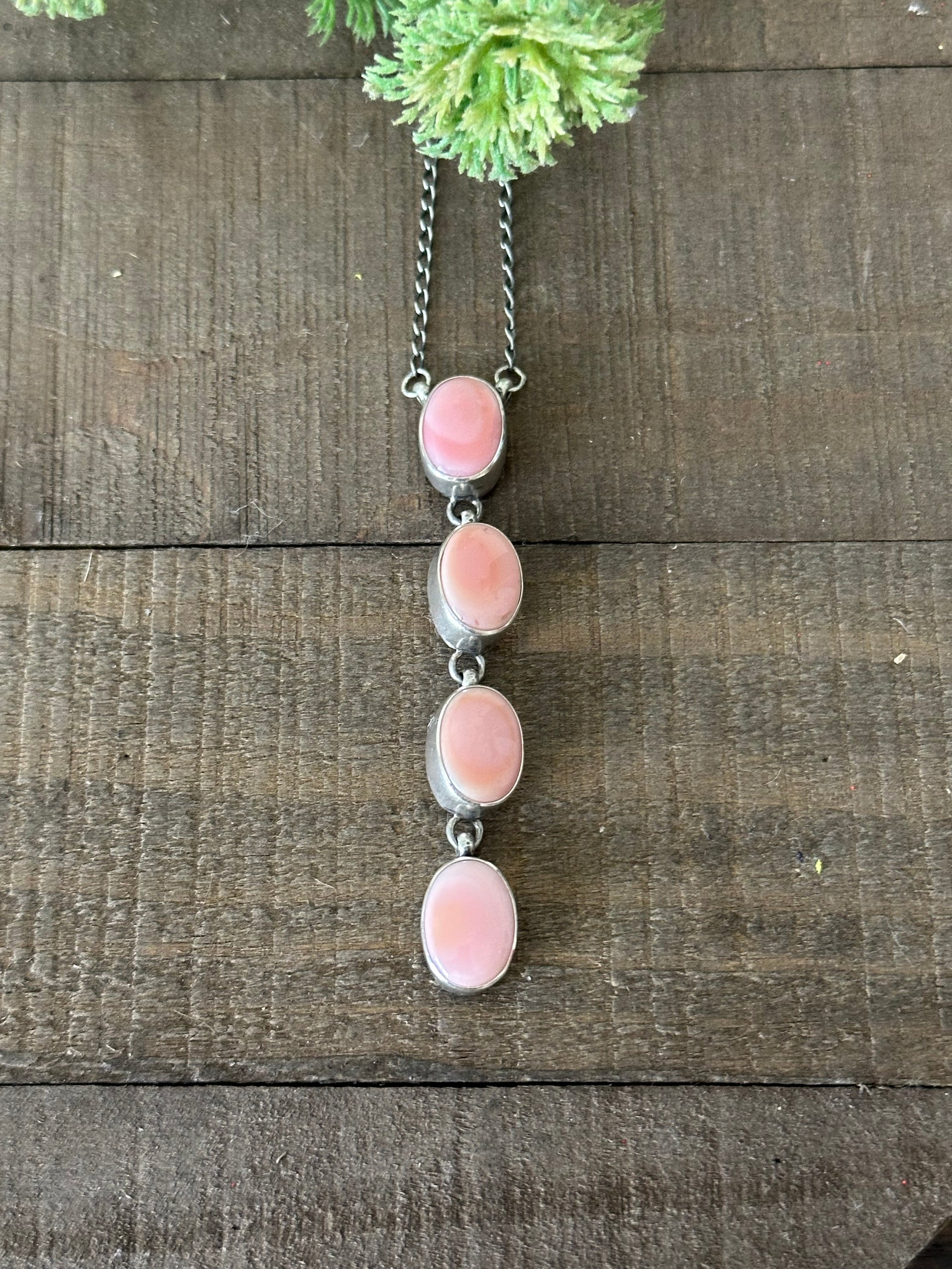 Navajo Made Pink Conch and Sterling Silver Lariat Necklace