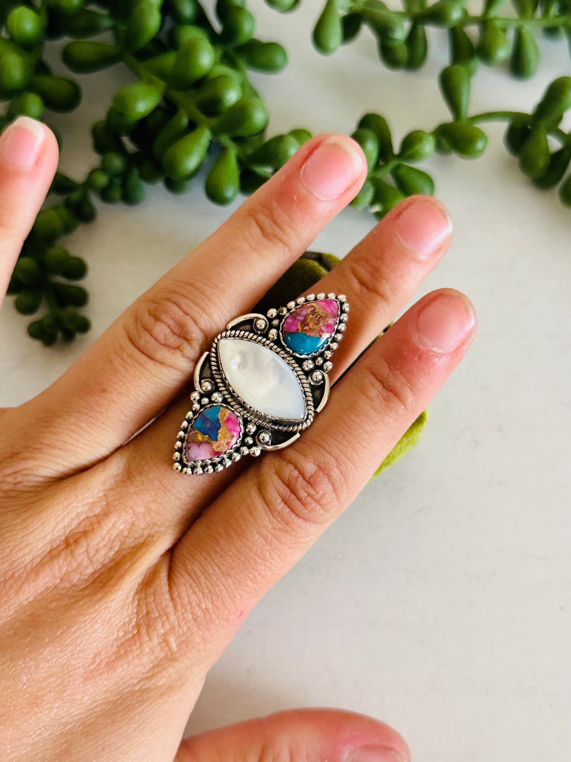 Southwest Handmade Multi Stone & Sterling Silver Adjustable Cluster Ring