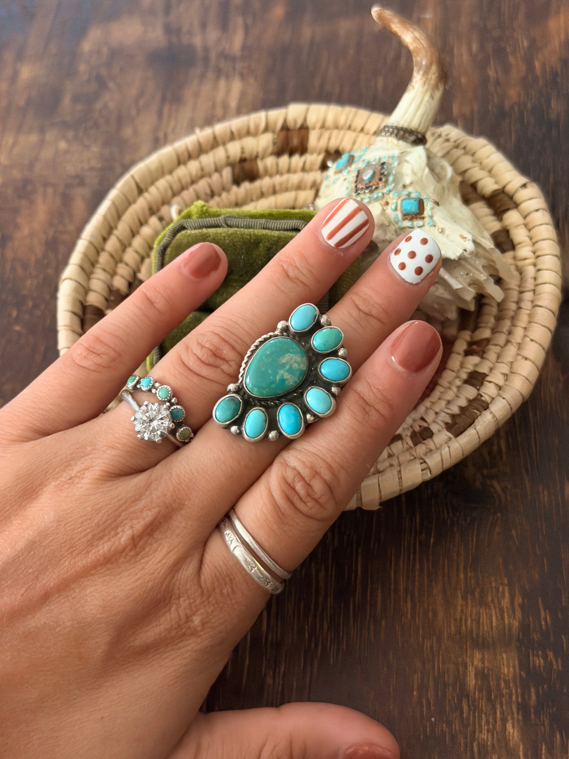 Geraldine James Kingman Turquoise & Sterling Silver Cluster Adjustable Ring