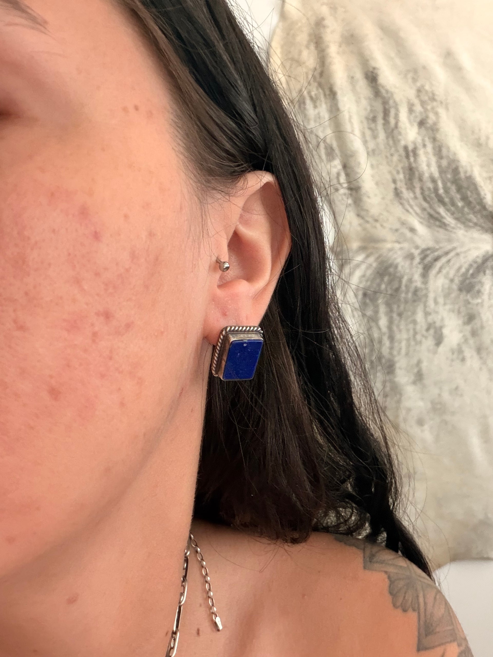 Navajo Made Lapis & Sterling Silver Post Earrings