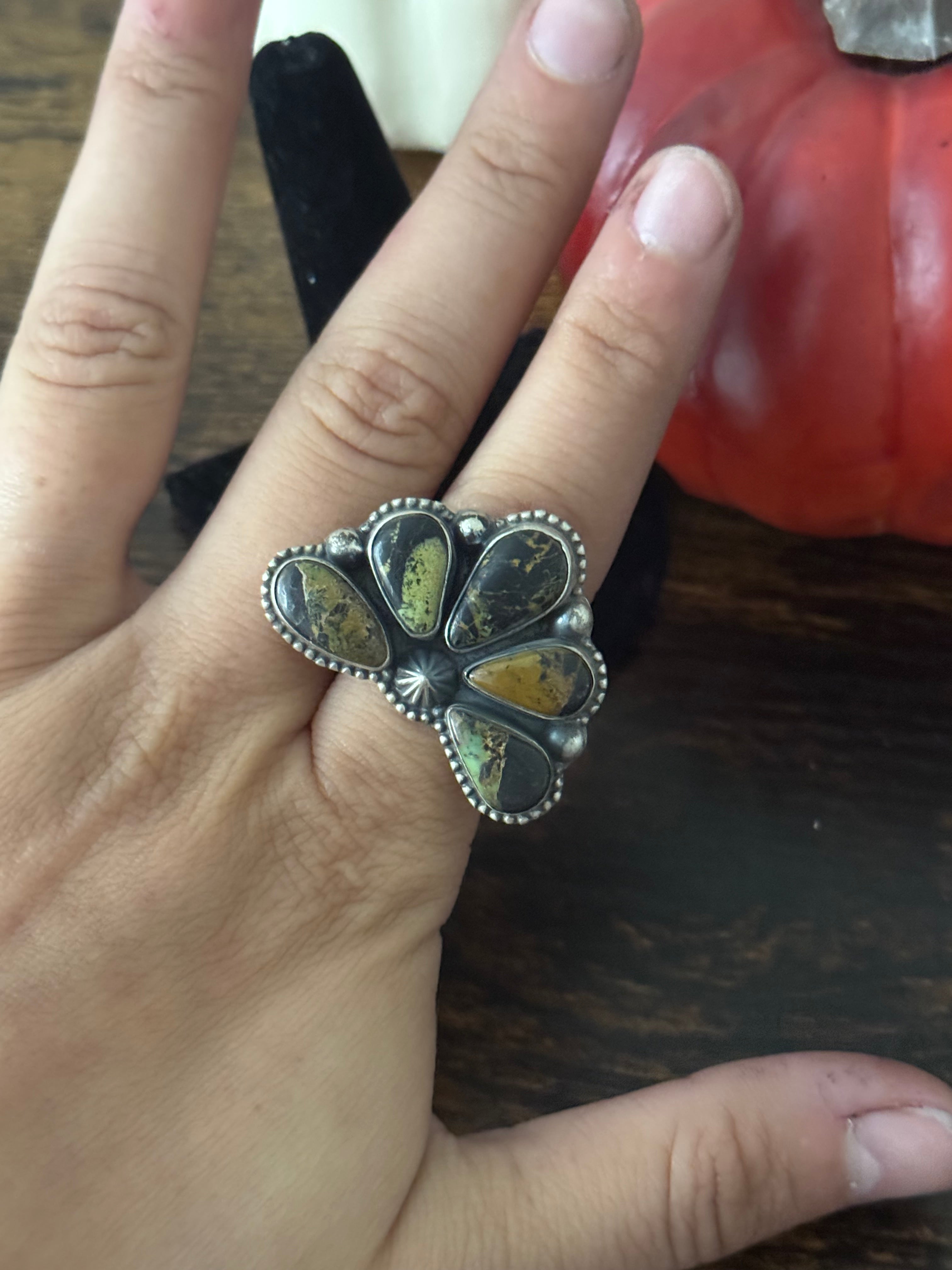 Southwest Handmade Black Jack Turquoise & Sterling Silver Adjustable Naja Ring