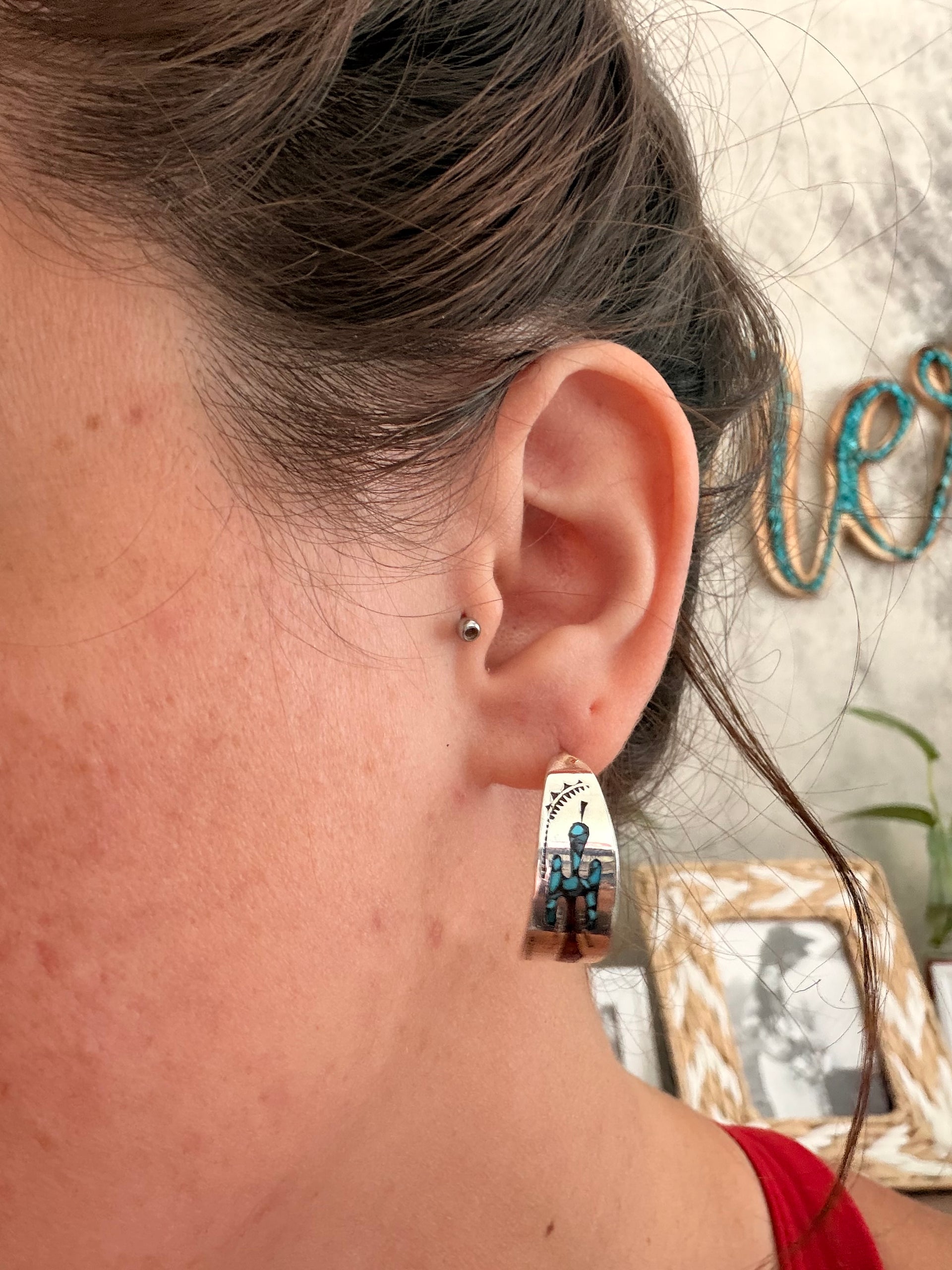 Navajo Made Multi Stone & Sterling Silver Flake Inlay Post Hoop Earrings