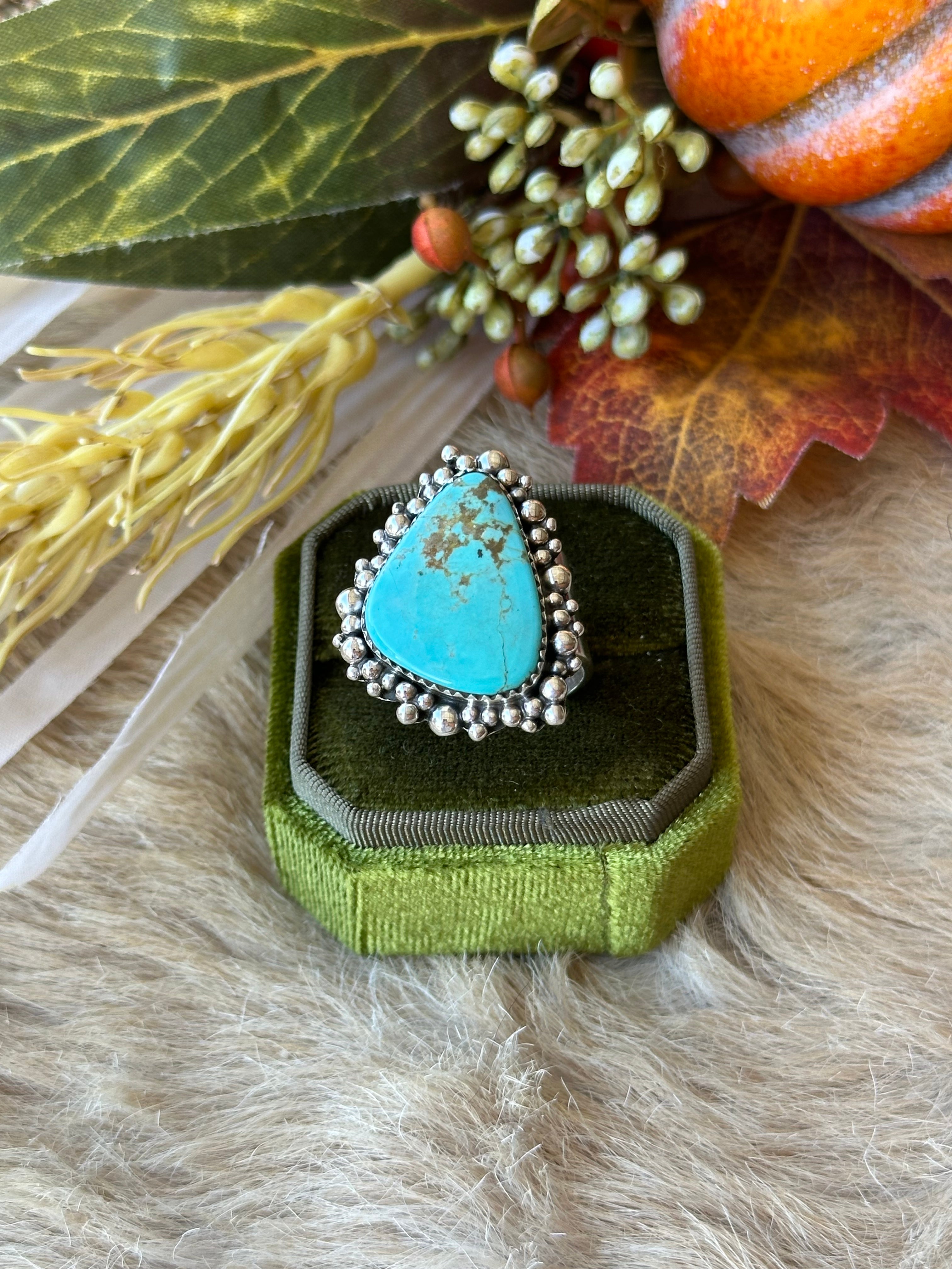 Southwest Handmade #8 Turquoise & Sterling Silver Adjustable Ring