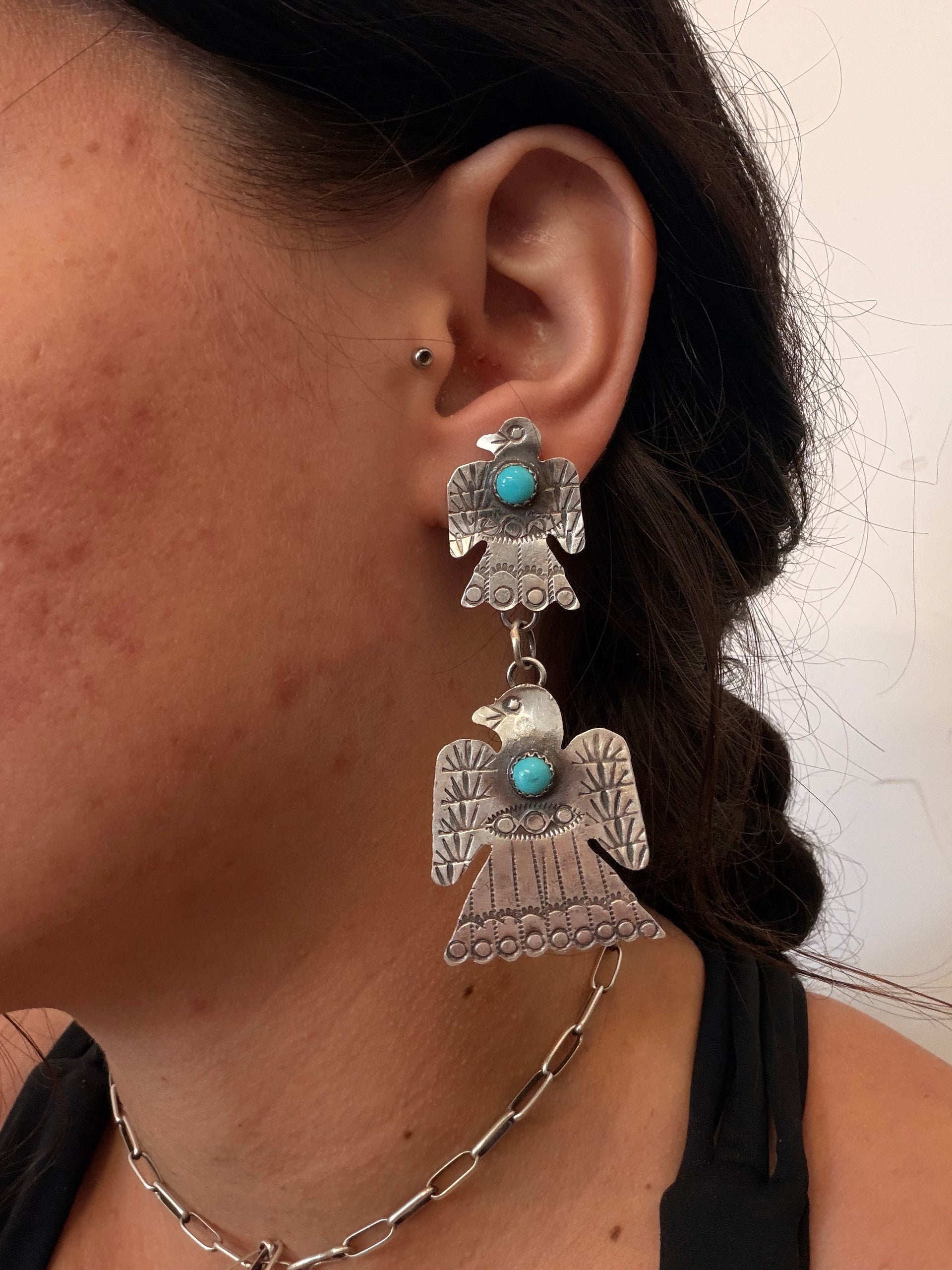 Gabriela Yazzie Kingman Turquoise & Sterling Silver Post Dangle Thunderbird Earrings