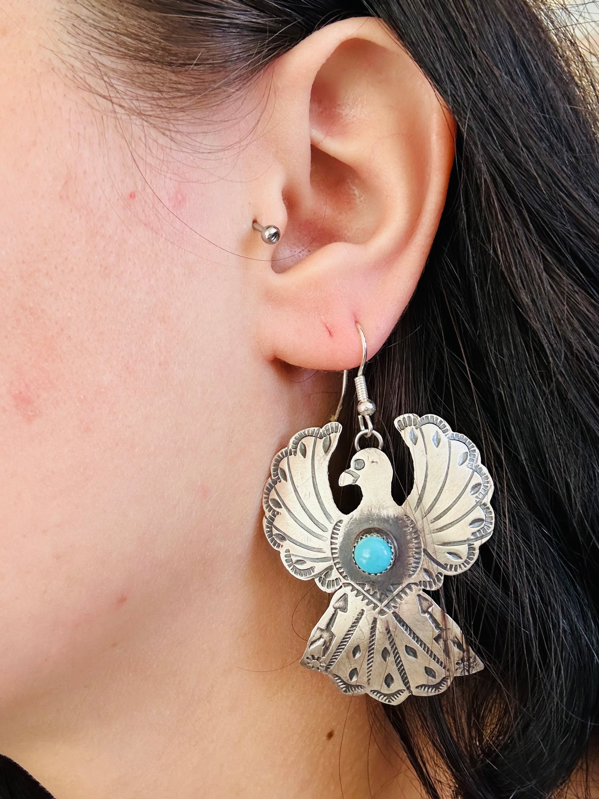 Tim Yazzie Kingman Turquoise & Sterling Silver Thunderbird Dangle Earrings